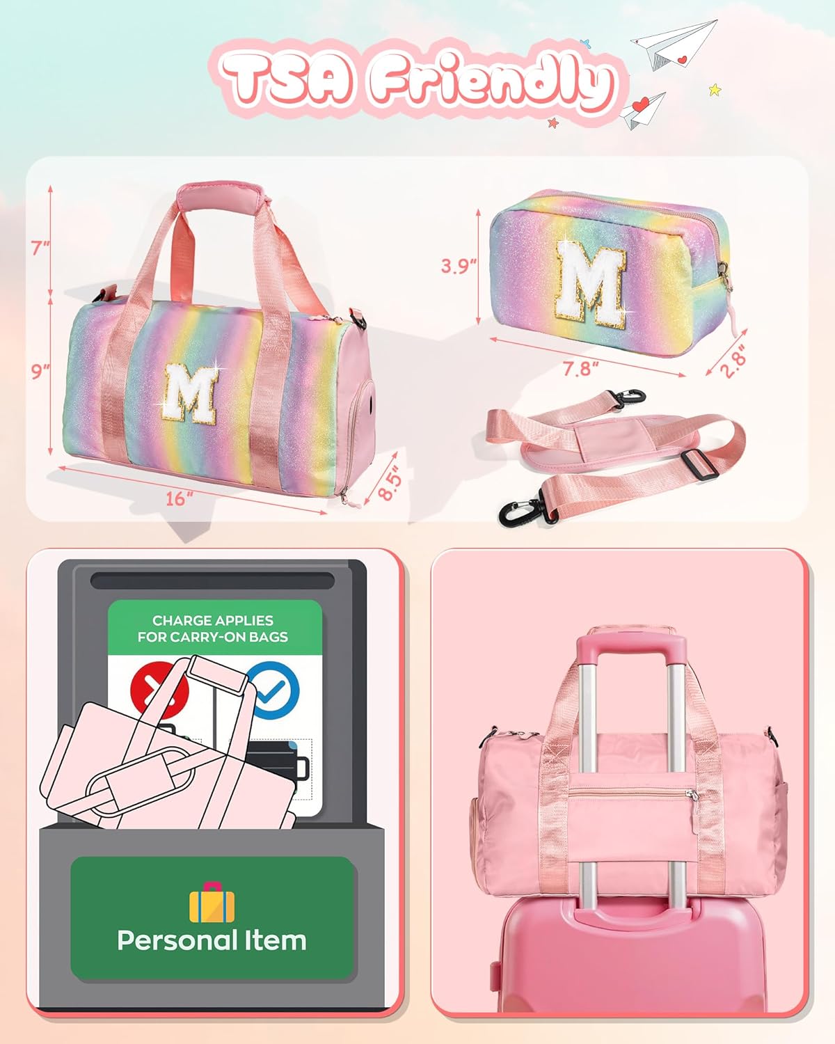 Gifts for 4 5 6 7 8 9 10 Year Old Girls-Girl Gym Bag with Shoe Compartment, Kid Personalized Weekender Overnight Bags, Initial Travel Tote with Makeup Pouch, Gift for Daughter (Letter G)