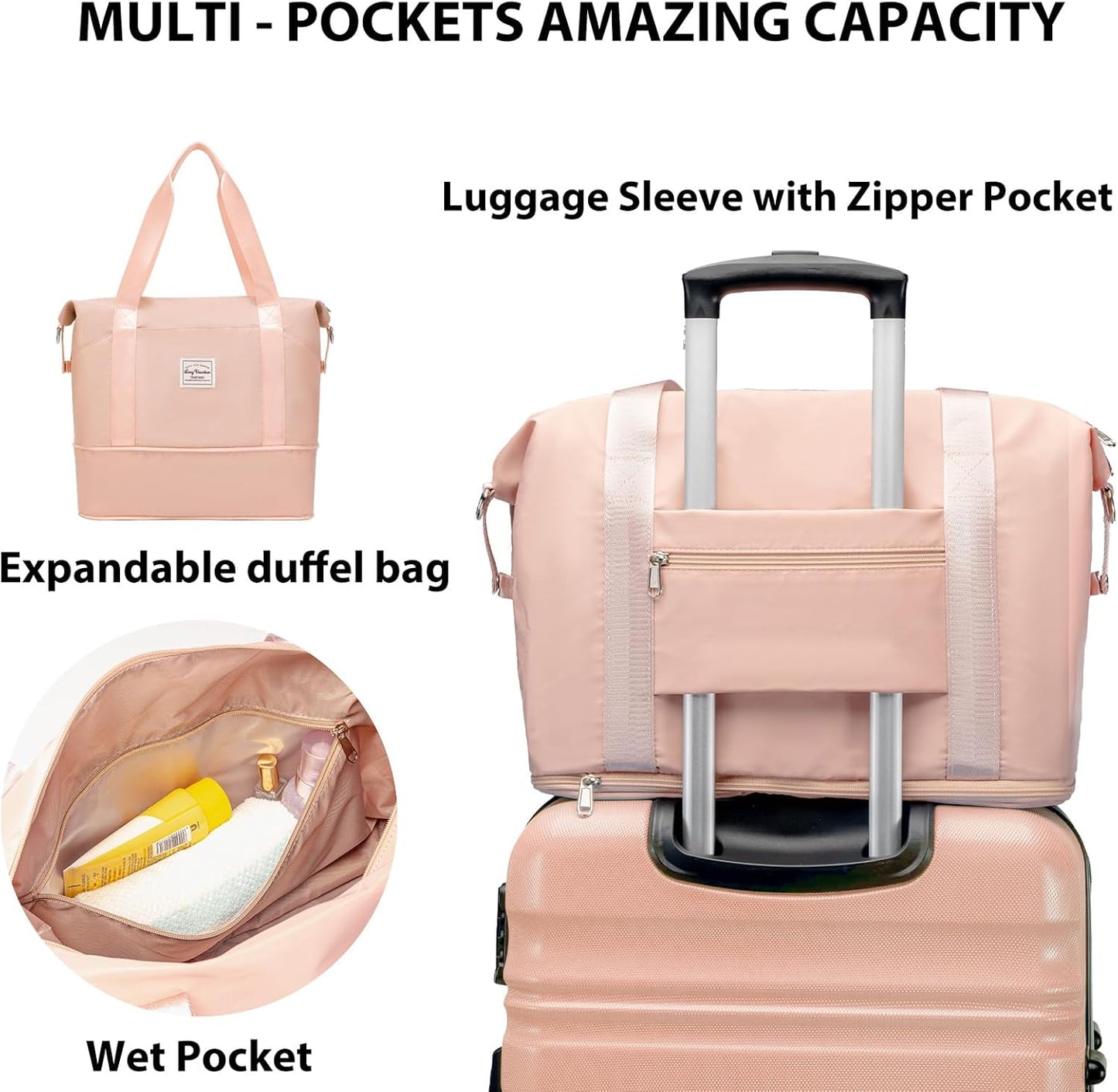 LONG VACATION 6 Piece Luggage Set Carry on Suitcase with ABS+PC hardshell, Spinner Wheels & YKK Zipper TSA Lock (PINK, 6 piece set)