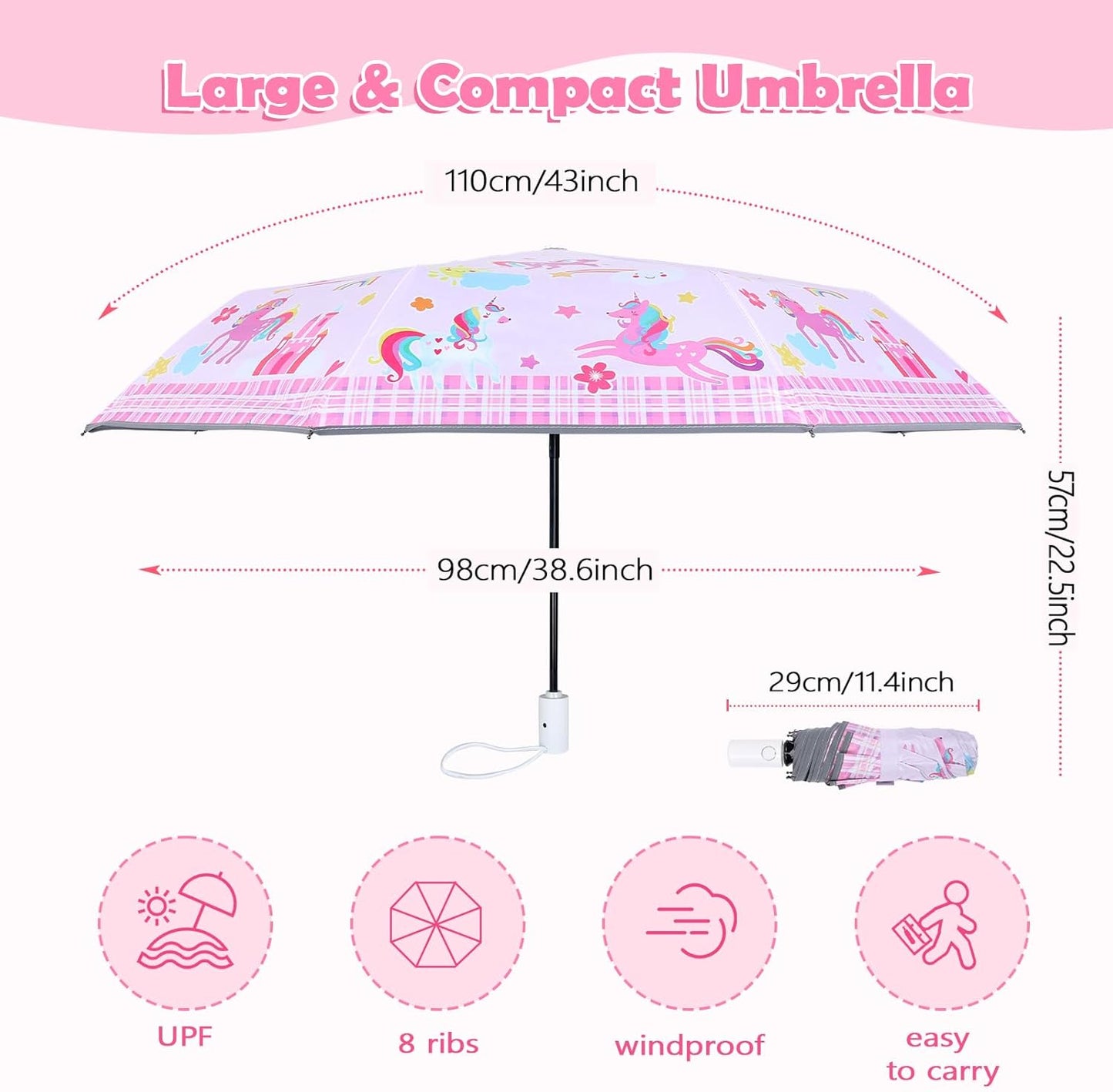 Kids Folding Umbrella Auto Open/Close Anti-rebound Safe Design UV Resistant Automatic Children Travel Umbrellas 8 Rib Reinforced Canopy 360° Reflective Strip Lightweight Cute Umbrella for Girls & Boys