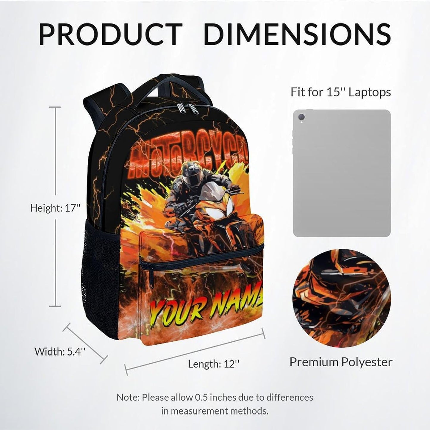 Personalized Boys Backpack, Custom Kids Bookbag with Name, Motorcycle Backpacks for School, 17 Inch Lightning Car Bookbag School Supplies