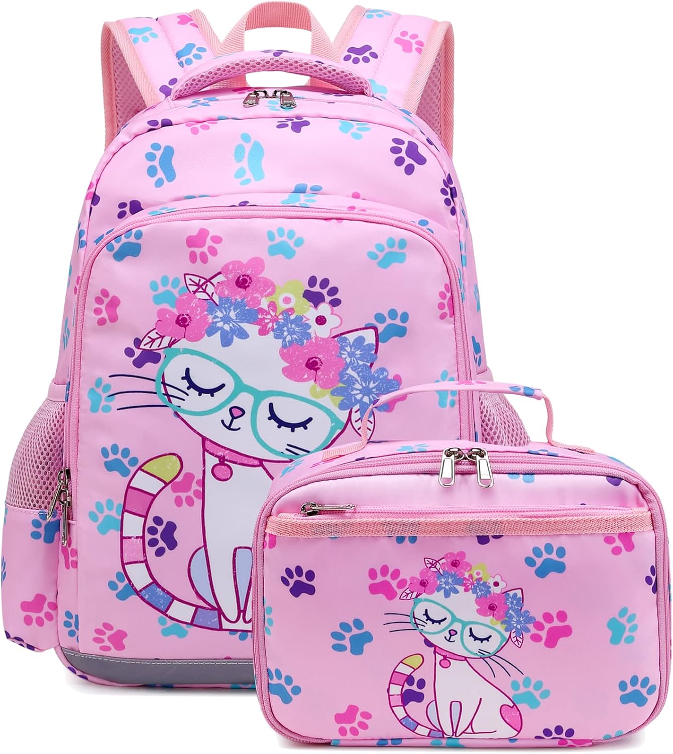 Octsky Backpack for Girls Kids School Backpacks with Lunch Box Preschool Kindergarten BookBag Set With Chest Strap Cat Pink