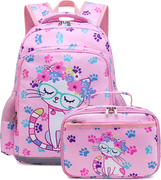 Octsky Backpack for Girls Kids School Backpacks with Lunch Box Preschool Kindergarten BookBag Set With Chest Strap Cat Pink
