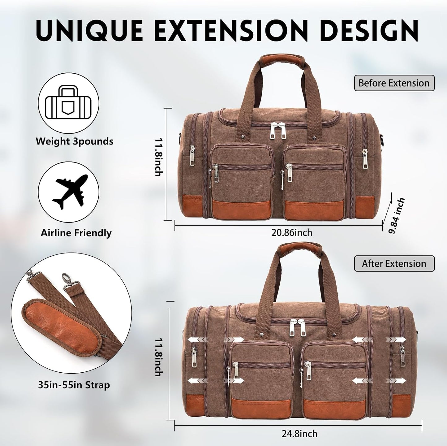 Canvas Duffle Bag For Travel, 50L Expandable Carry on Overnight Travel Duffel Bags with Laptop Compartments Weekend Gym Bag for Men(Coffee)