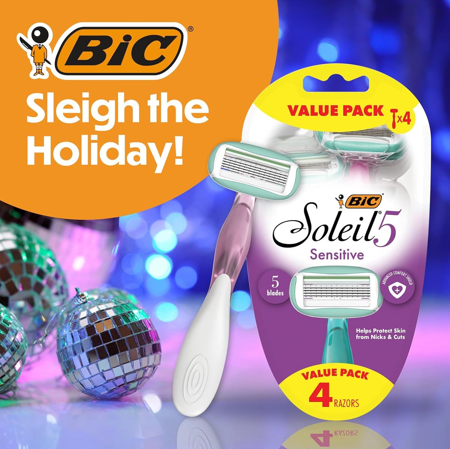 BIC Soleil 5 Sensitive Women's Disposable with 5 Blade Razors, Water Activated Moisture Strip and Anti-Slip Grip, 4-Pack, Holiday Gift