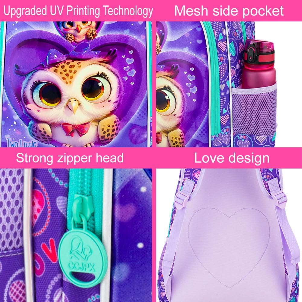 3PCS Girls Backpack, Kids Water Resistant Heart Bookbag Set with Lunch Box, Cute Kids School Bag