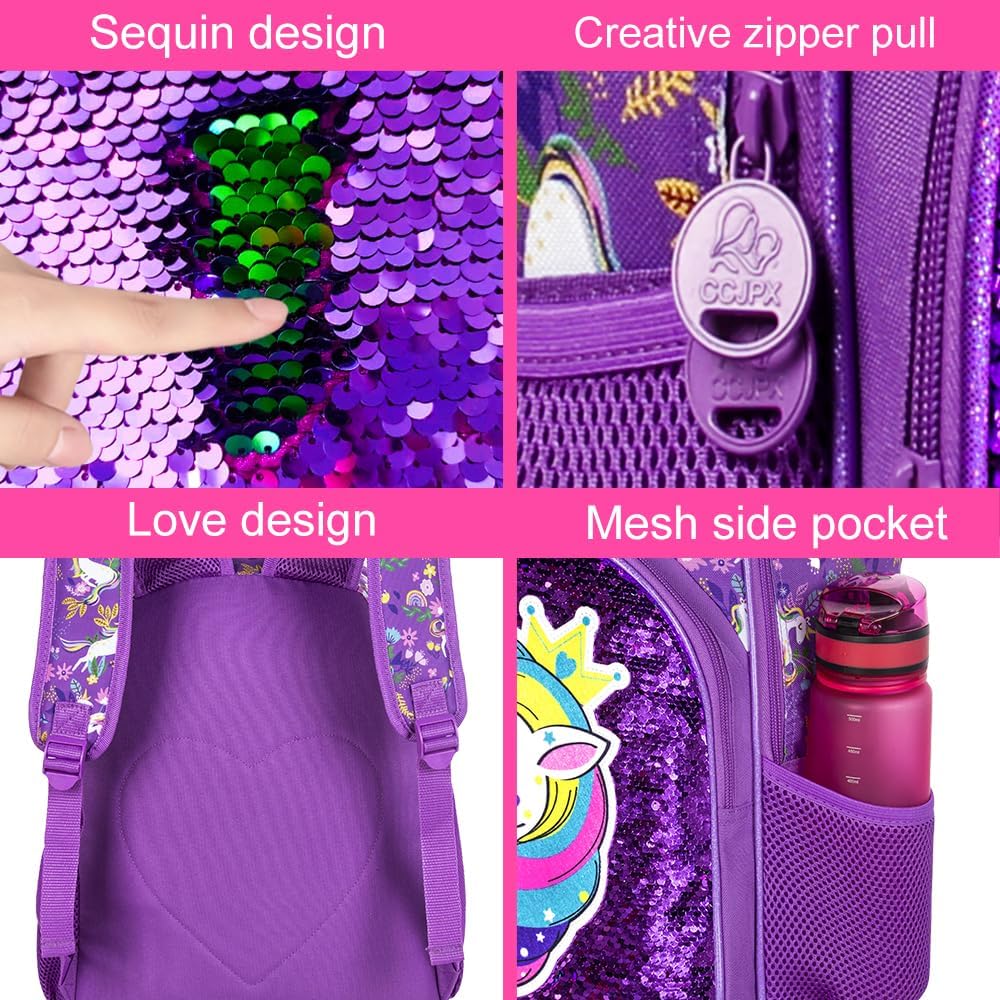 3PCS Girls Backpack, 16" Sequin Prechool Elementary Bookbag and Lunch Box