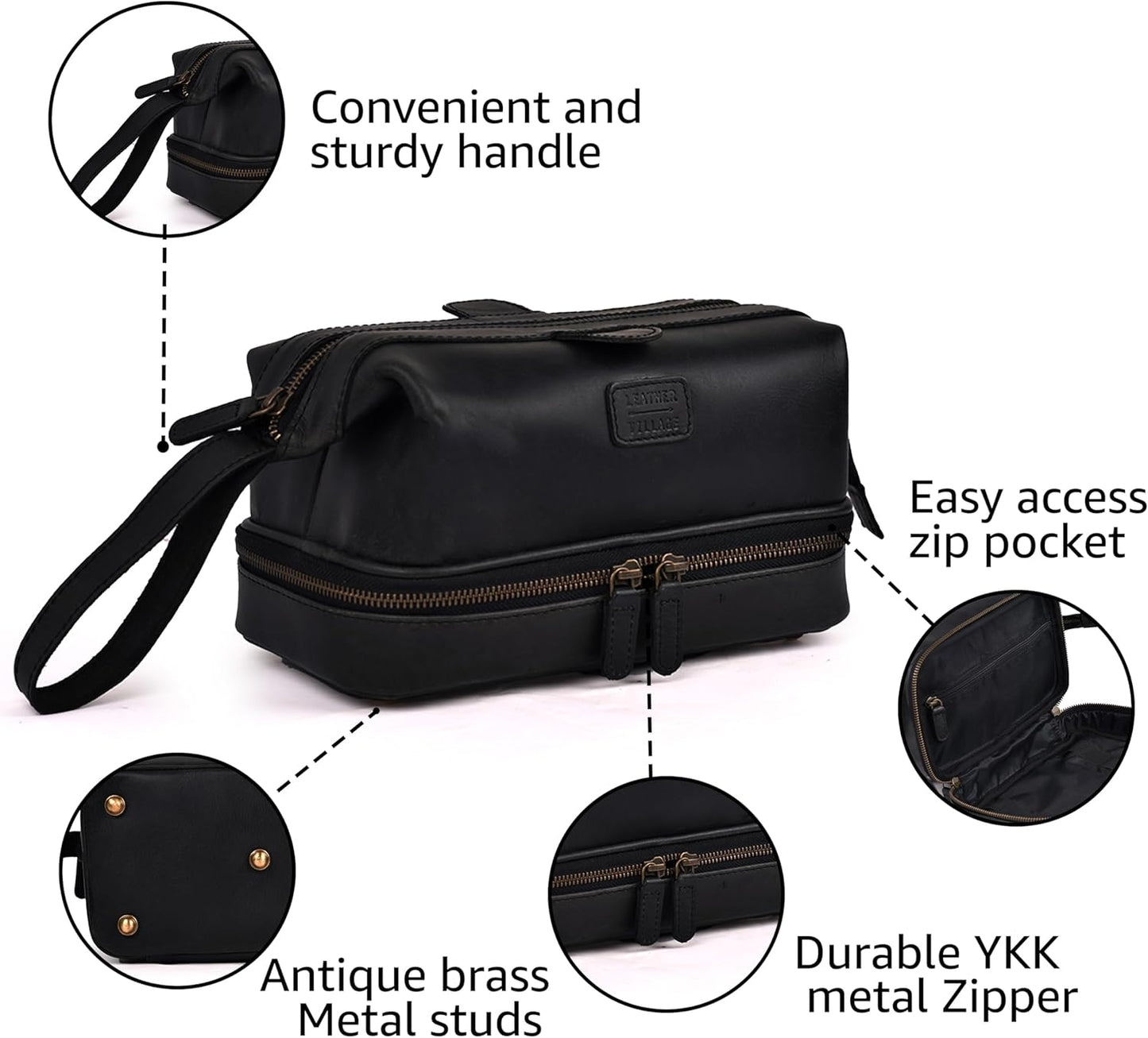 LEATHER VILLAGE Genuine Leather Dopp Kit – Large Travel Toiletry Bag with Waterproof Lining, Dual-Zip Design for Men & Women, Organizer for Shaving, Makeup & Essentials - Black