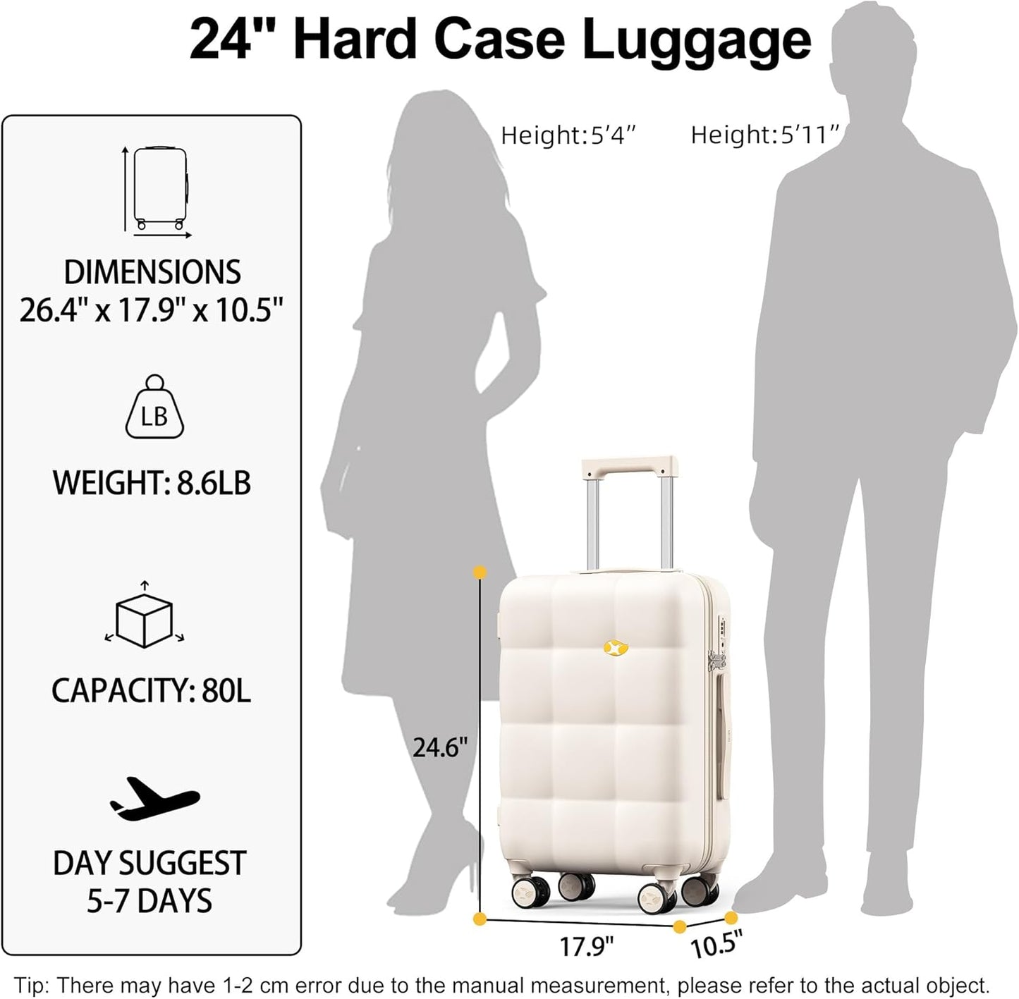 MGB 24 Inch Luggage Suitcases With Spinner Wheels Lightweight PC Hard Shell Rolling Suitcase With Travel Lock,Checked-Medium 24-Inch, Cream