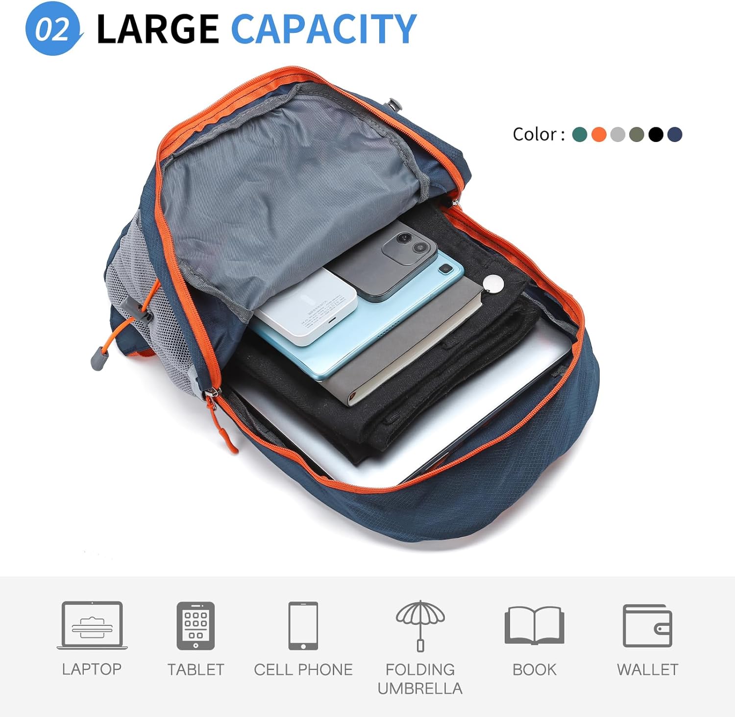 Hiking Daypack Packable, Camping Backpack Water Resistant Lightweight Polyester for Men Women