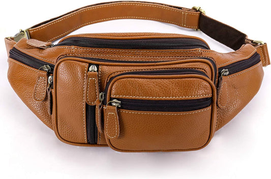 Genuine Leather Fanny Pack large capacity Crossbody Waist Bag with Zipper phone Pockets brown