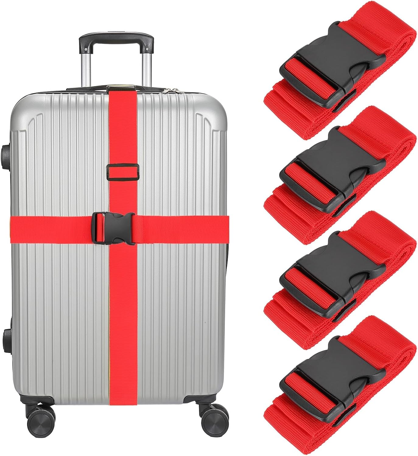 MECCANIXITY Luggage Straps with Quick-Release Buckle Adjustable Suitcase Belt Strap for Suitcase Briefcase Backpack Travel, Red, Pack of 4