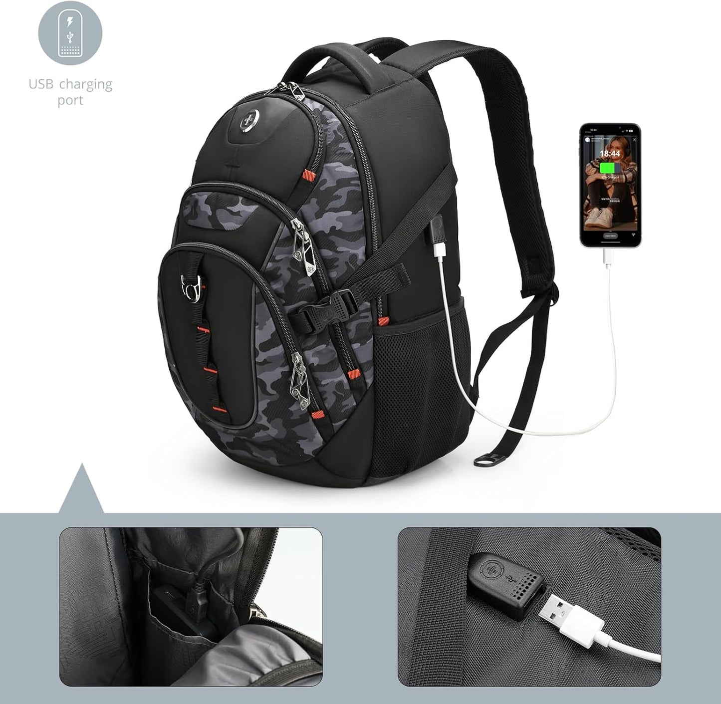 Swissdigital Design Laptop Backpack with USB Charging Port, Travel Backpack Fits 15.6 inches Computer, 31L College School Backpack for Men, Gray Camo | SD803