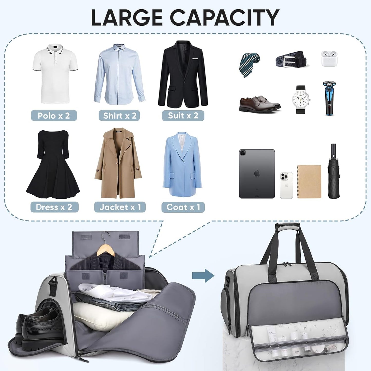 BALEINE Convertible Garment Bag with Shoe Compartment, 2 in 1 Carry on Garment Duffle Bags for Travel, Suit Bag for Men Women (Gray)