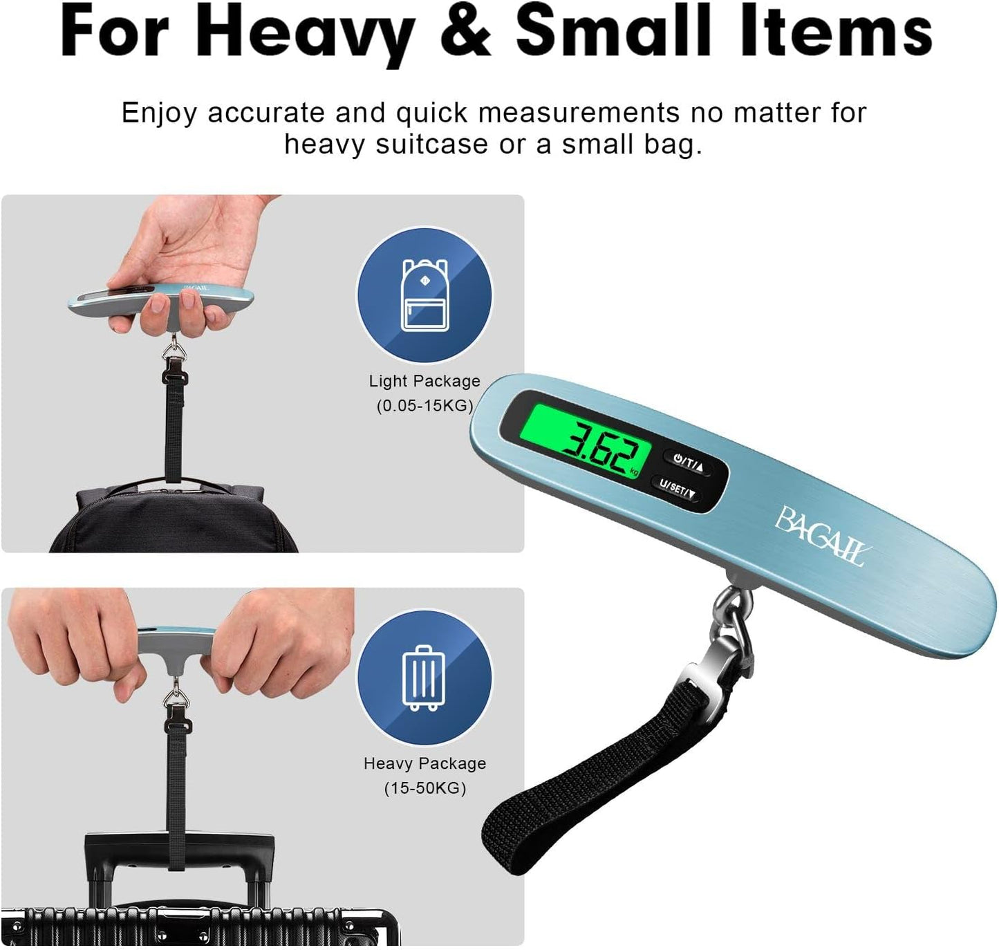 BAGAIL Digital Luggage Scale, 110lbs Hanging Baggage Scale with Backlit LCD Display, Portable Suitcase Weighing Scale, Travel Luggage Weight Scale with Hook, Strong Straps for Travelers