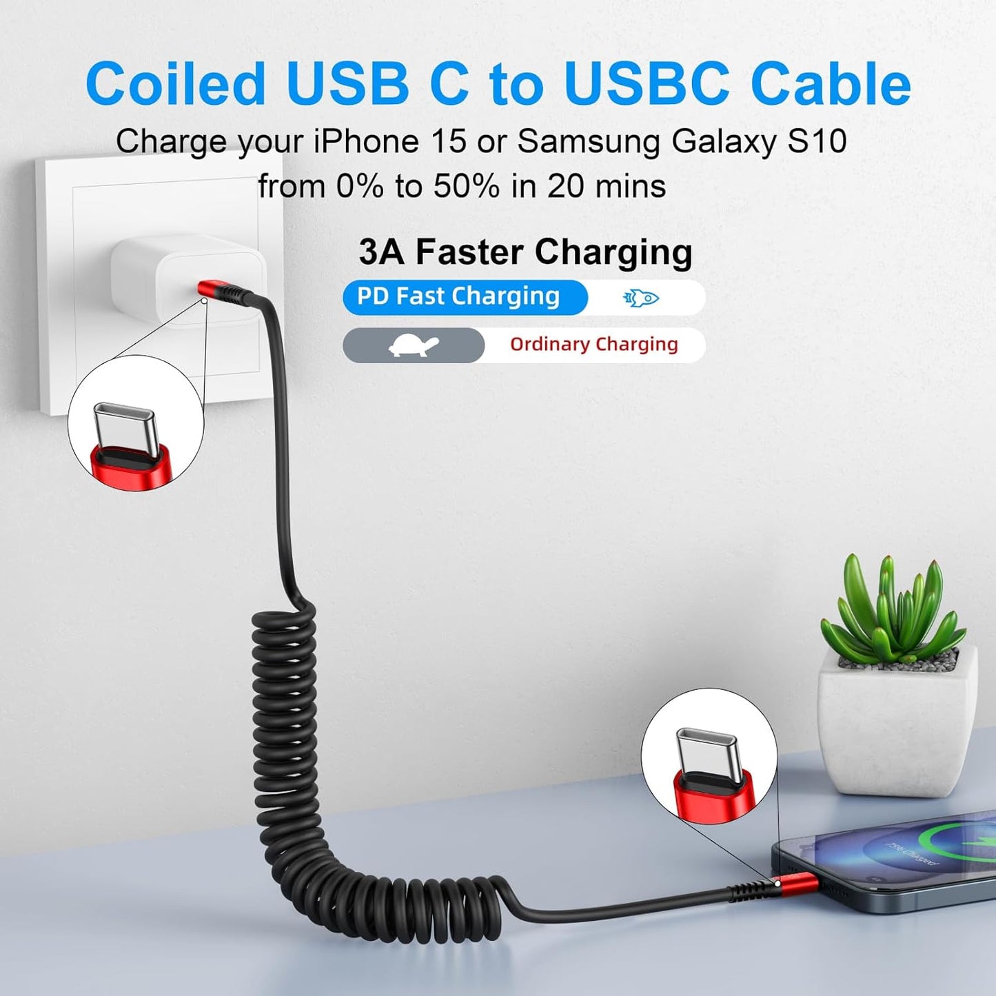 KIYODA USB C to USB C Cable 6ft, 2Pack Coiled USBC Charger Cable for Car, Type C Fast Charging Compatible with iPhone 17/16/15/Plus/Pro/Pro Max/MacBook Pro 2020/iPad Pro 2020/Samsung Galaxy S23-Red