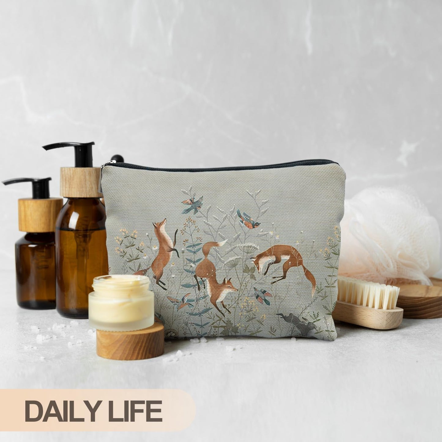 Fox Gifts for Women, Fox Wildflowers Makeup Bag, Forest Fox Cottagecore Cosmetic Bags Toiletry Bag