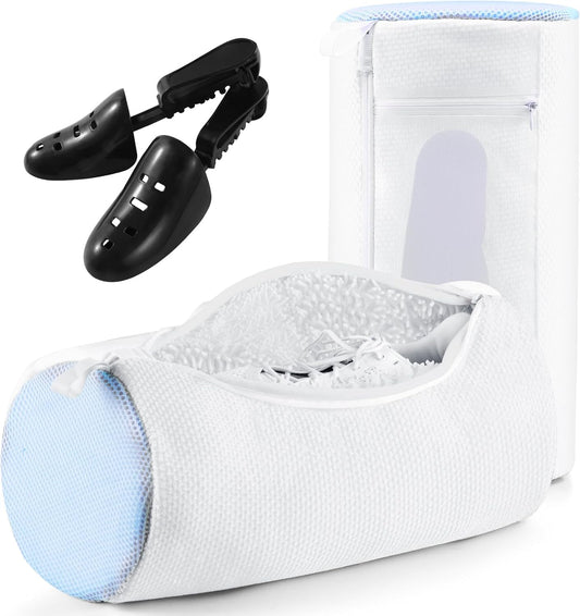 Shoe Washing Machine Bag w/Shoe Trees to Prevent Deformation - Sneaker Cleaner Bag Reusable Lint-free Large Laundry Shoe Bag, Tennis Shoes Wash Kit Home Travel Essentials, White 2pcs