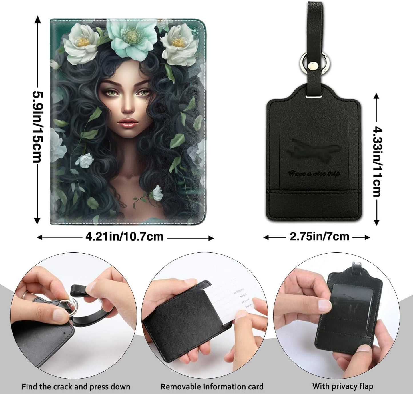 Passport Holder Women Wallet with Luggage Tag, Leather Passport Cover with RFID Blocking, Travel Accessories Multi Card Slot Passport Case for Men，Green Girl Flower