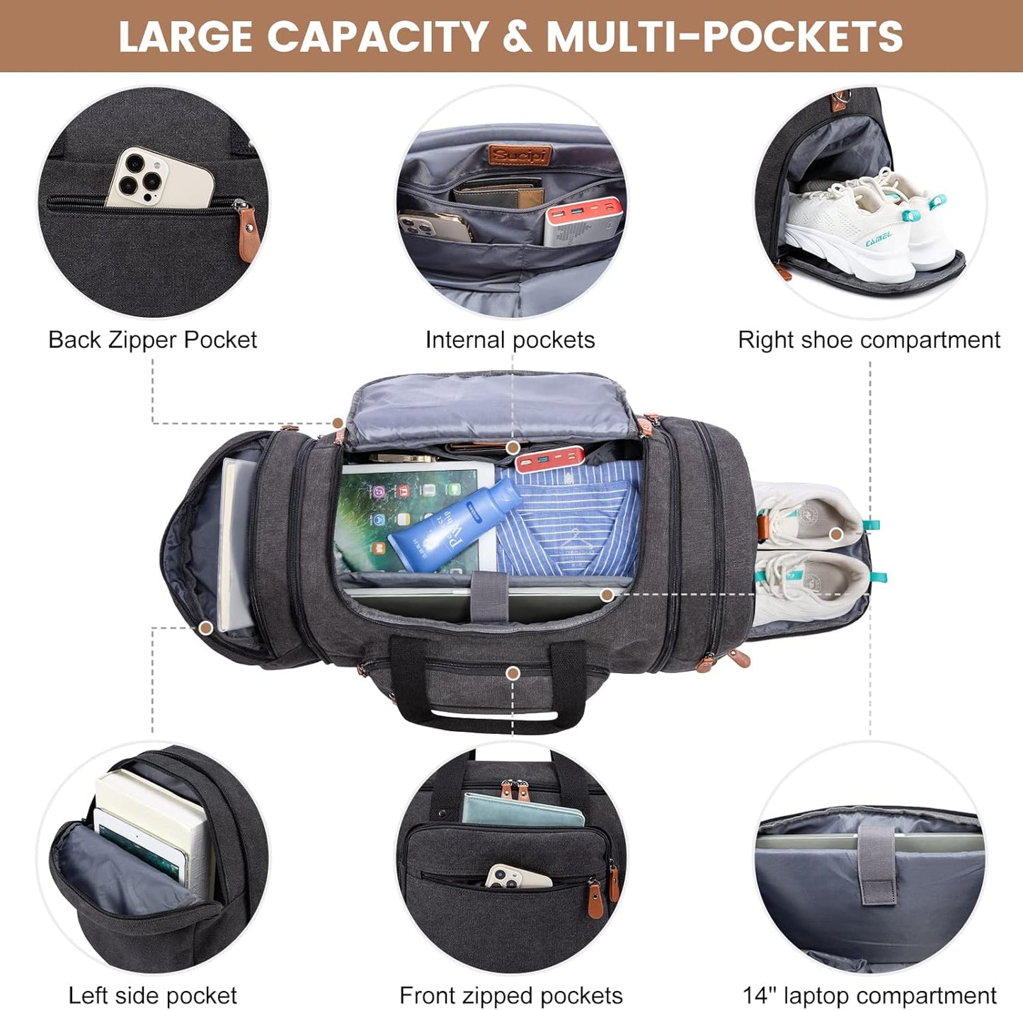 Sucipi Canvas Travel Duffel Bag for Men, Weekend Overnight Bag with Shoe Compartment and Toiletry Bag, Carry-On for Airplanes, Dark Grey