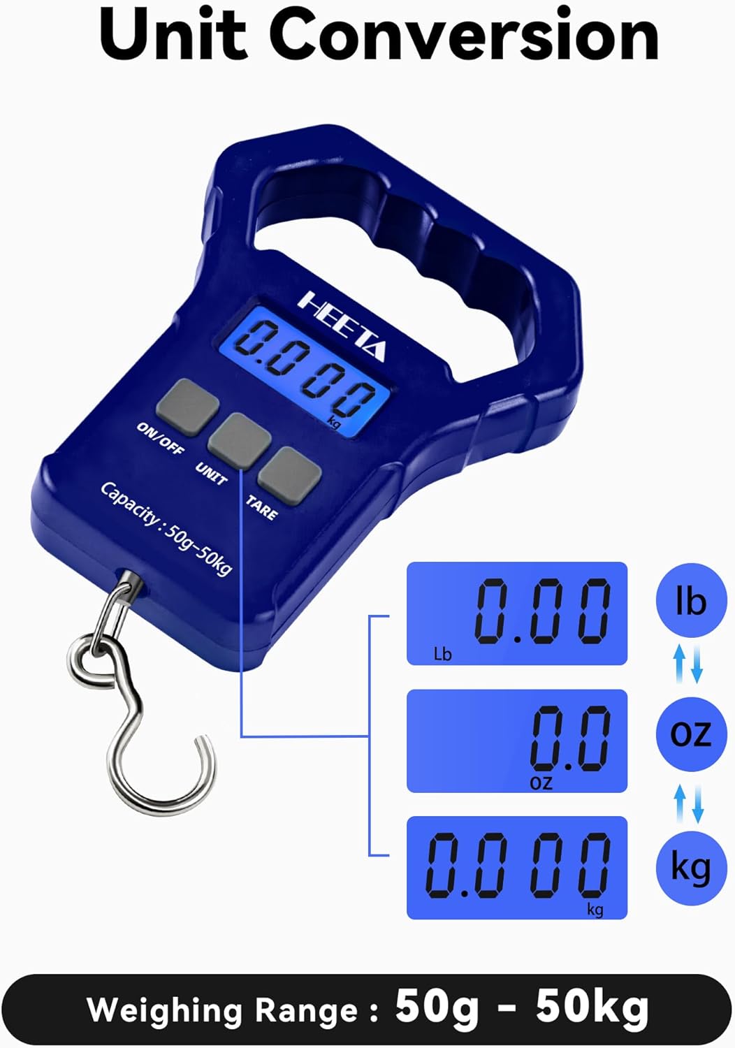 HEETA Fish Scale, 110lb/50kg Digital Portable Hanging Fishing Weight Scale with Backlit LCD Display, Luggage Scale with Hook, Non-Slip Large ABS Handle & 2 AAA Batteries, Fishing Gifts Gear for Men