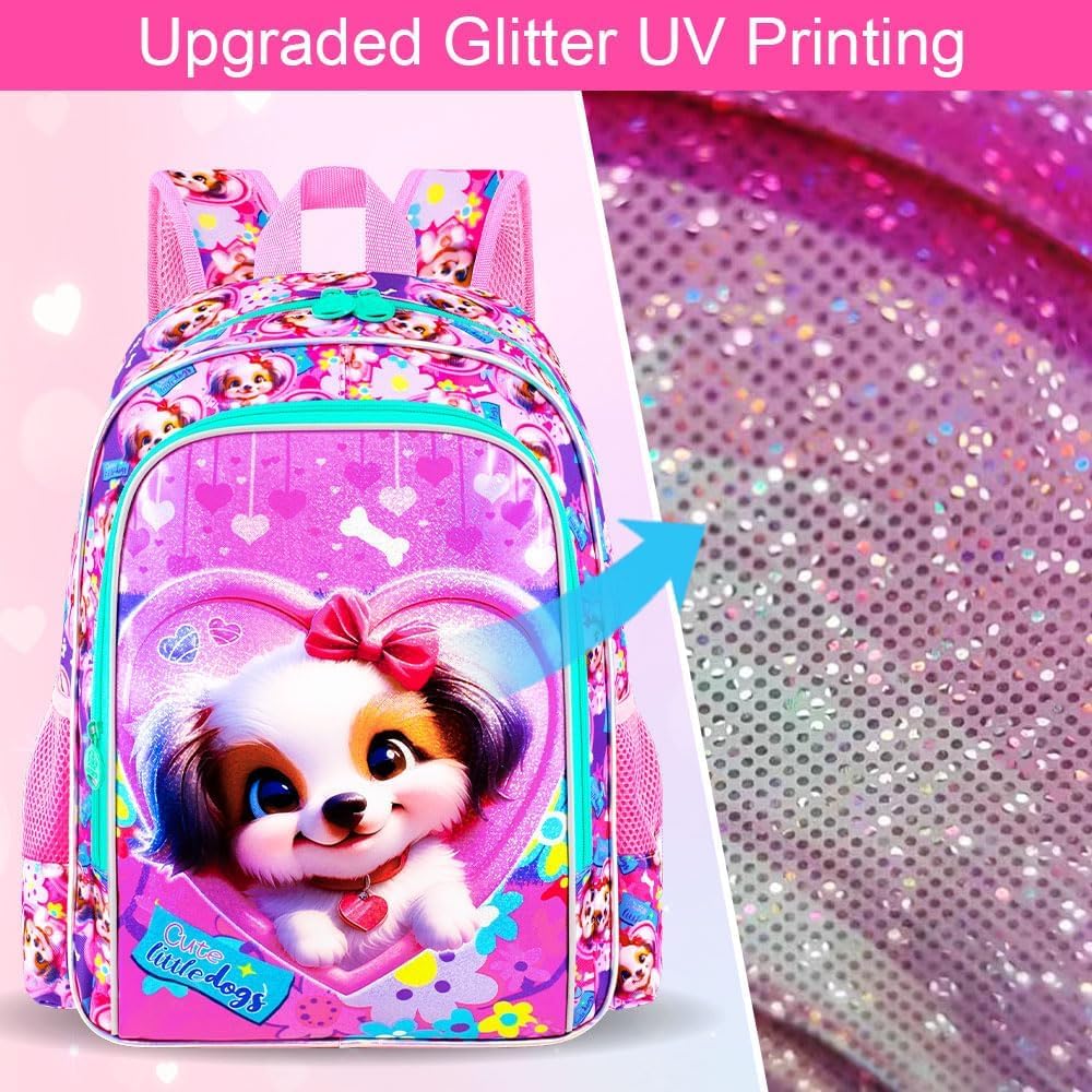 3PCS Girls Backpack, Kids Water Resistant Heart Bookbag Set with Lunch Box, Cute Kids School Bag for Preschool Toddler