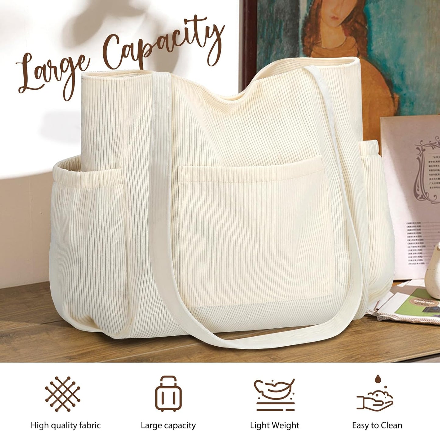 Corduroy Tote Bag for Women,Large Capacity Cute Tote Bags With 6 Pockets,Crossbody Shoulder Handbag for Work Travel Gym