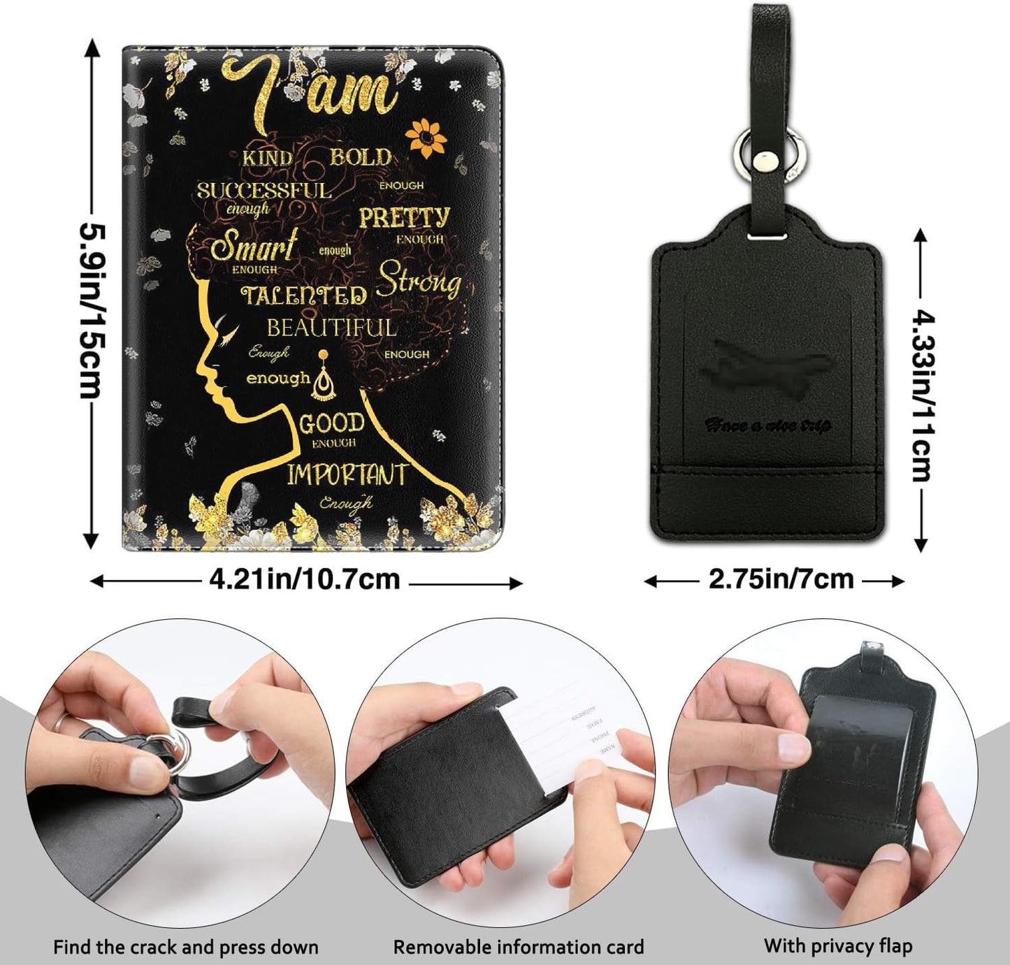Passport Holder Women Wallet with Luggage Tag, Leather Passport Cover with RFID Blocking, Travel Accessories Multi Card Slot Passport Case for Men，African Girls Inspirational Quotes