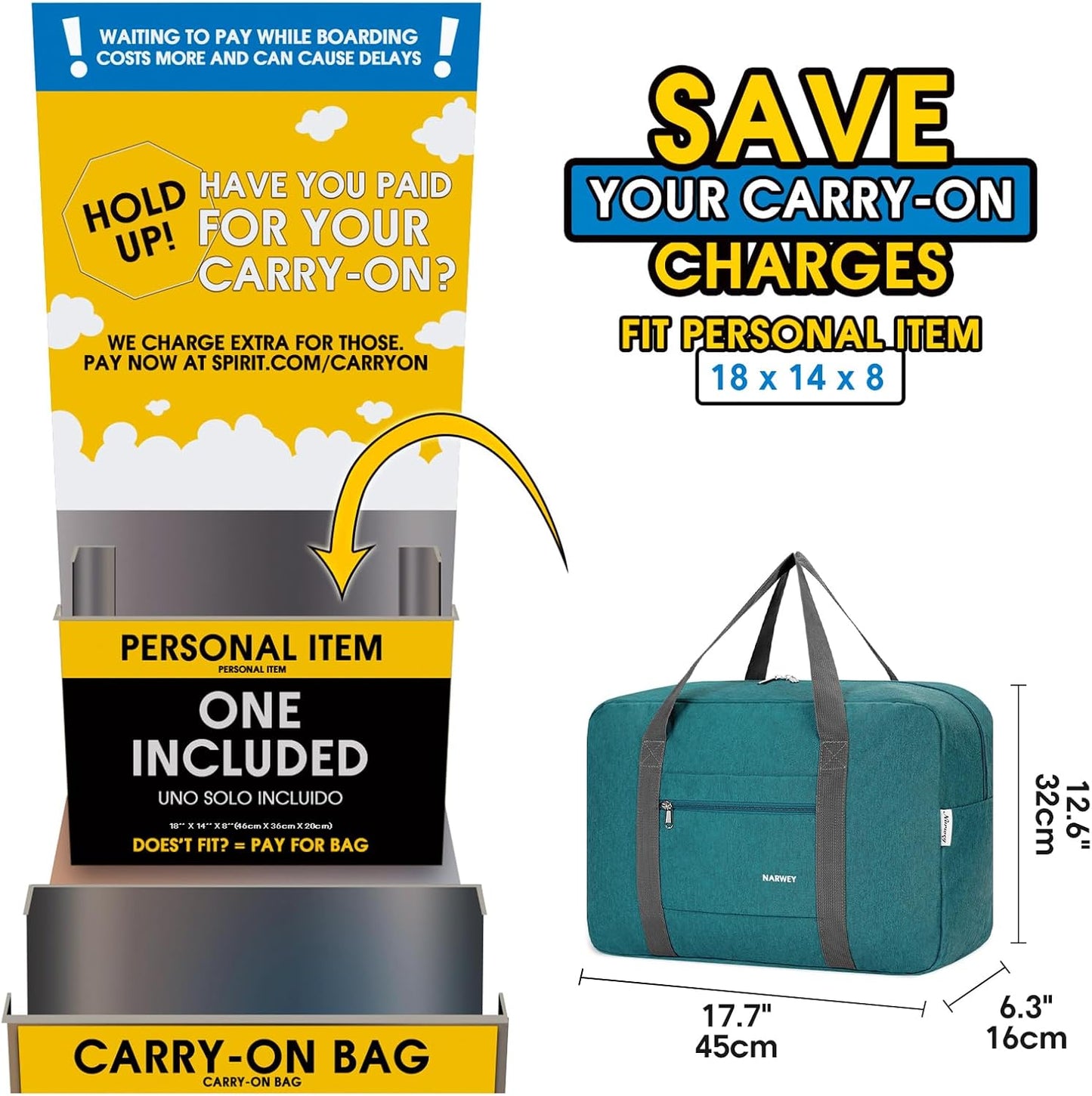 For Spirit Airlines Personal Item Bag 18x14x8 Foldable Travel Duffel Bag Tote Carry on Luggage Duffle Overnight for Women and Men