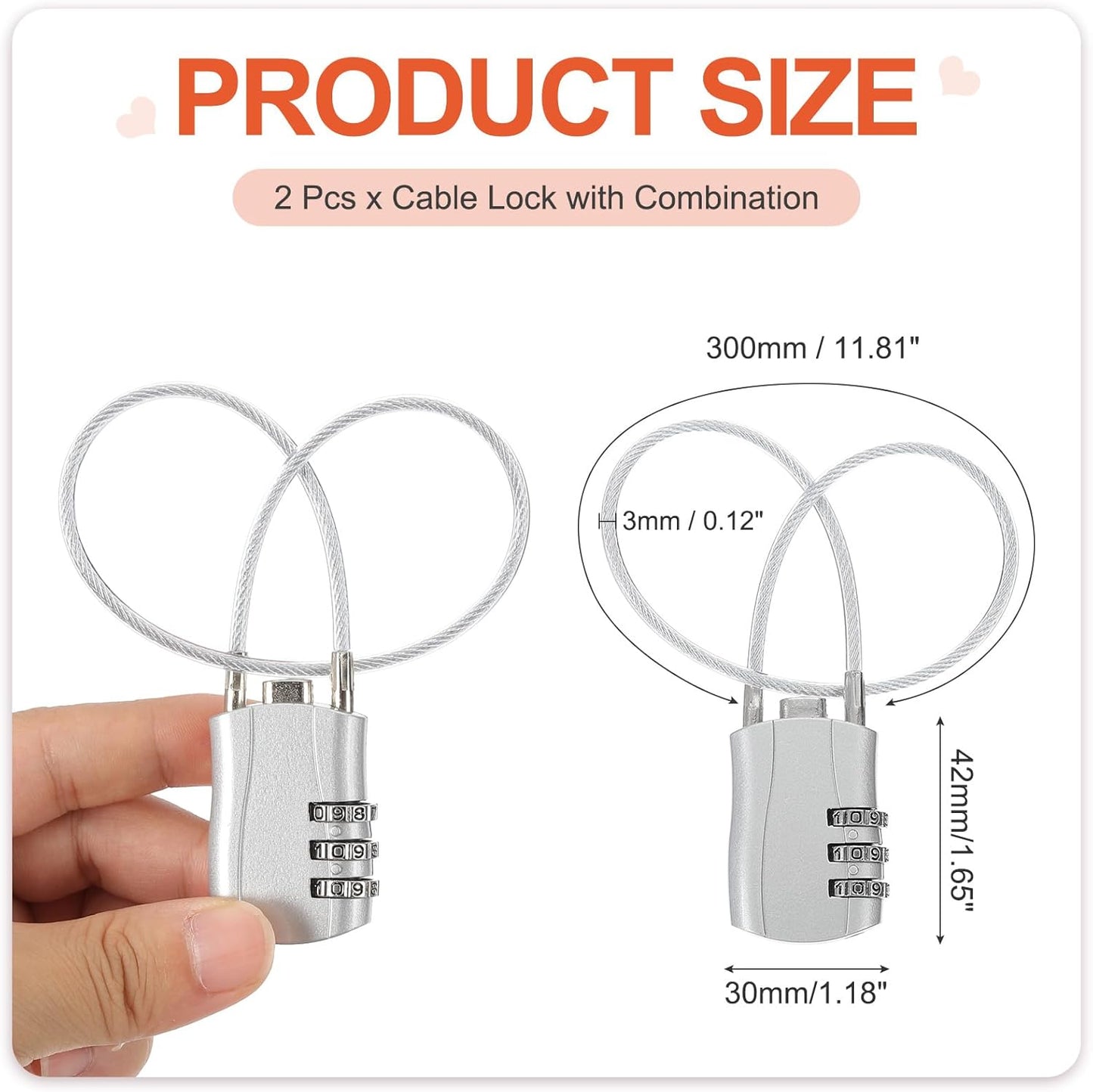 MECCANIXITY 2 Pcs Luggage Travel Lock, 3 Digit Cable Combination Lock 1-3/16" Width Body with 12" Long Cable for Suitcase Bag Cabinets Small Fences Gym, Silver