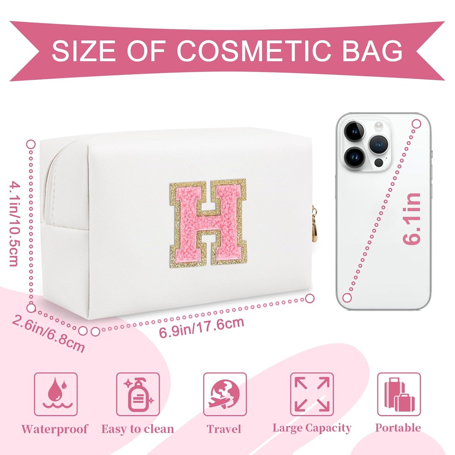 Personalized Makeup Bag Initial A-Z Preppy Patch Bag,Small PU Leather Travel Cosmetic Bag Pouch