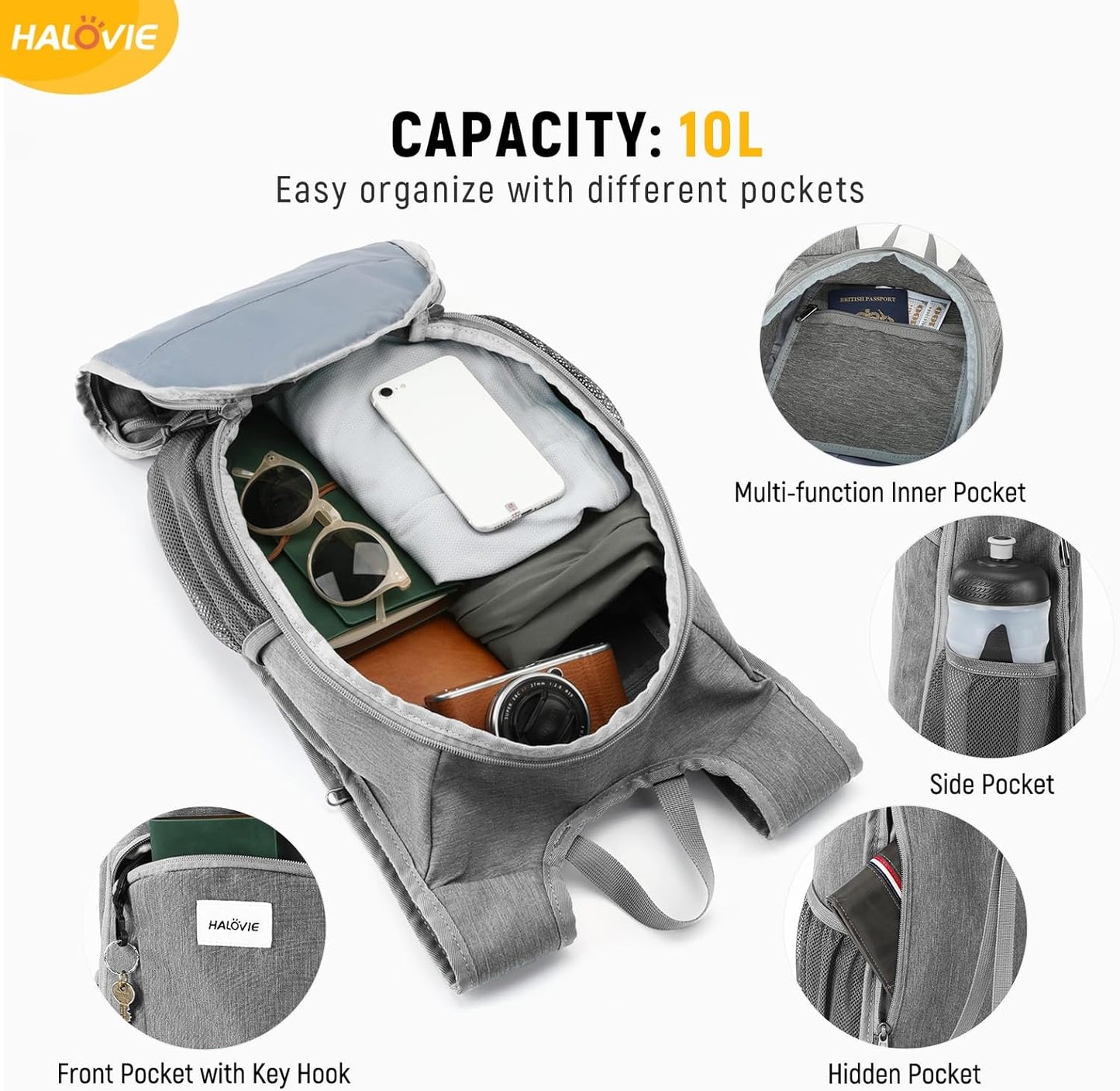 HALOVIE Small Hiking Backpack 10L Packable Lightweight Daypack Foldable Travel Back Pack for Women Men(Lightgray)