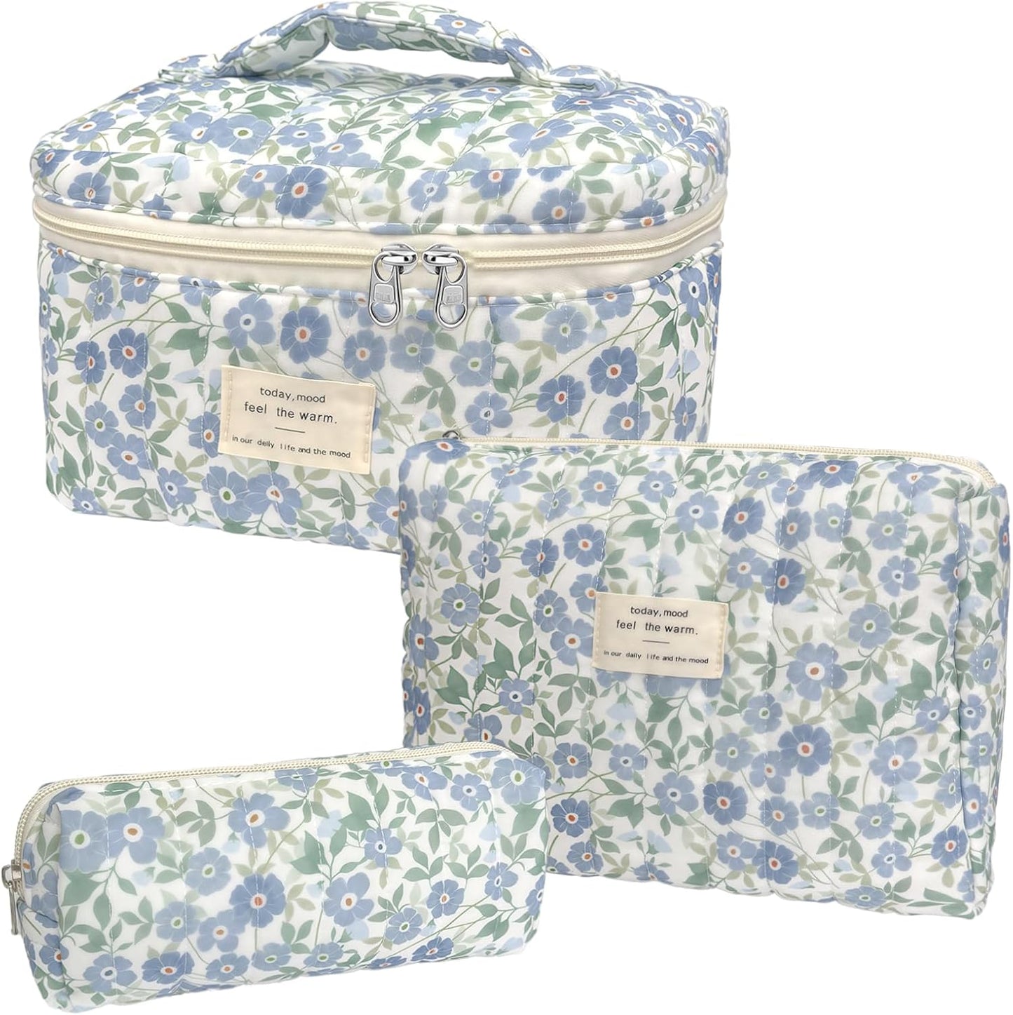 Quilted Makeup Bag, Large Capacity Travel Cosmetic Bag for Women and Girls, Aesthetic Storage for Daily and Travel Use (3pcs-ditsyfloral)