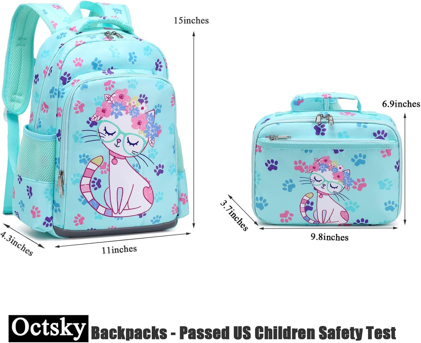 Octsky Backpack for Girls Kids School Backpacks with Lunch Box Preschool Kindergarten BookBag Set With Chest Strap Cat Lake