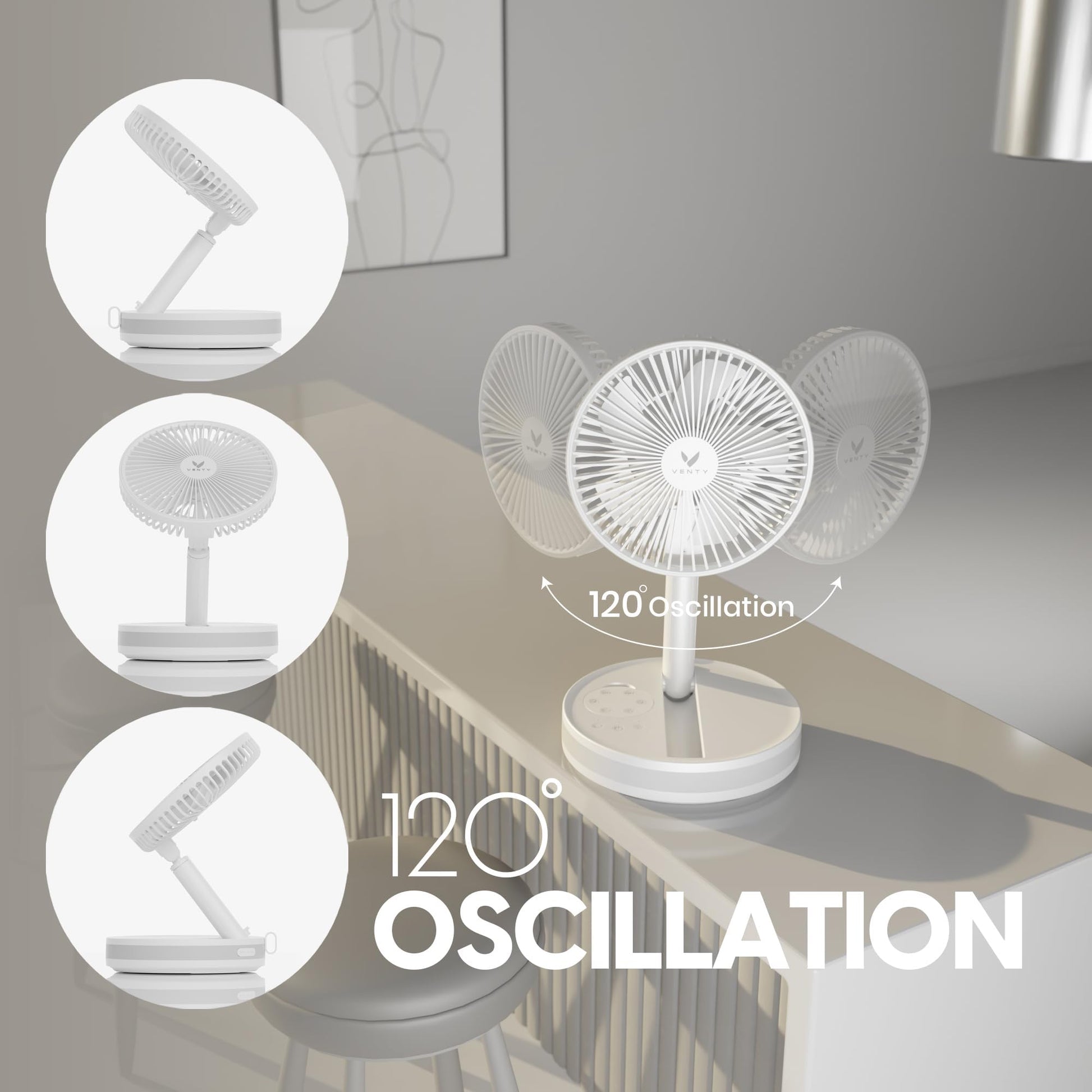 VENTY Portable Fan - Wireless Battery Operated Fan - 4 Speeds - LED Lighting - Carry Case & Remote