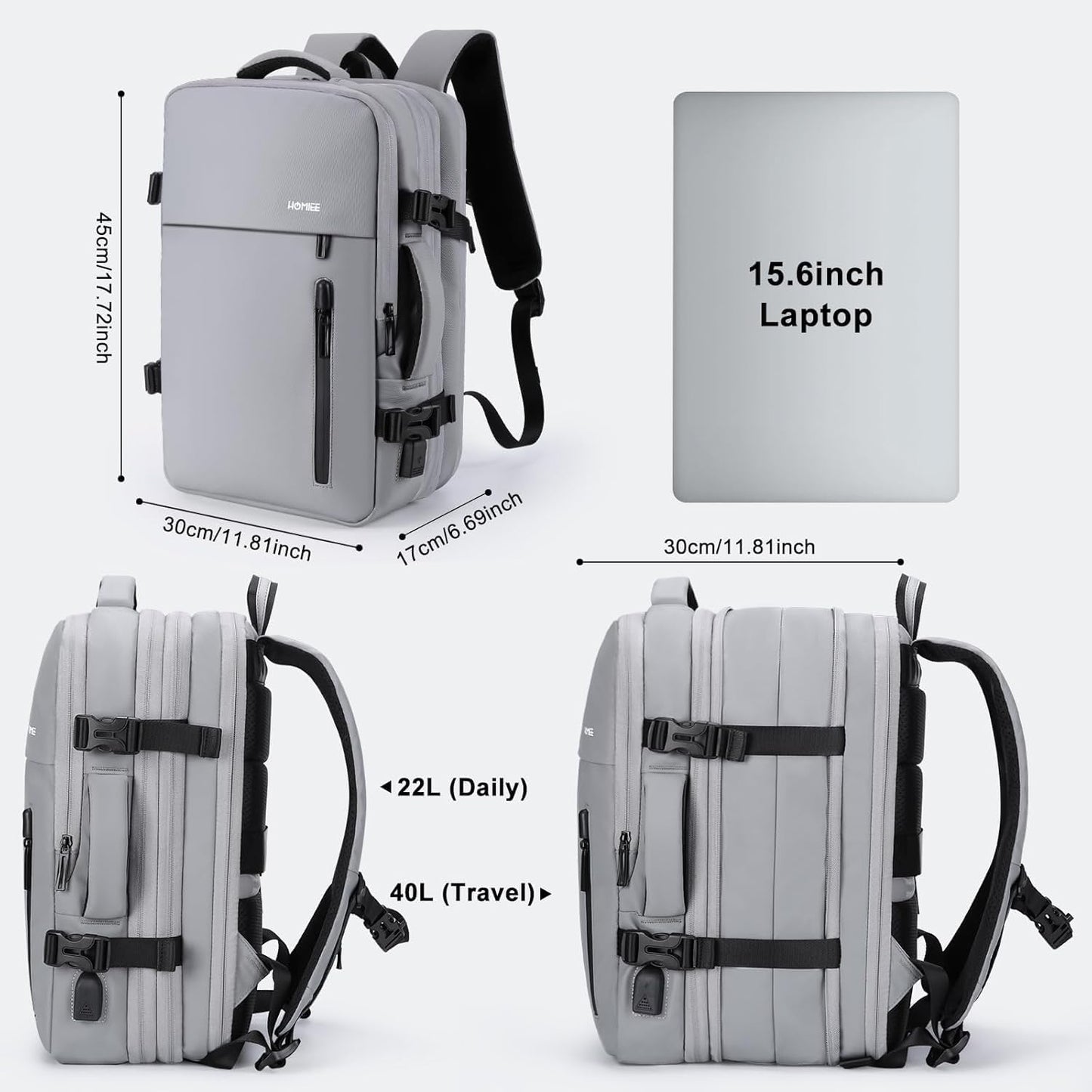 HOMIEE Carry on Backpack Extra Large Travel Bag, Expandable Hand Luggage Suitcase Anti-Theft Business Backpack, Water Resistant Lightweight Weekender Bag, Light Grey