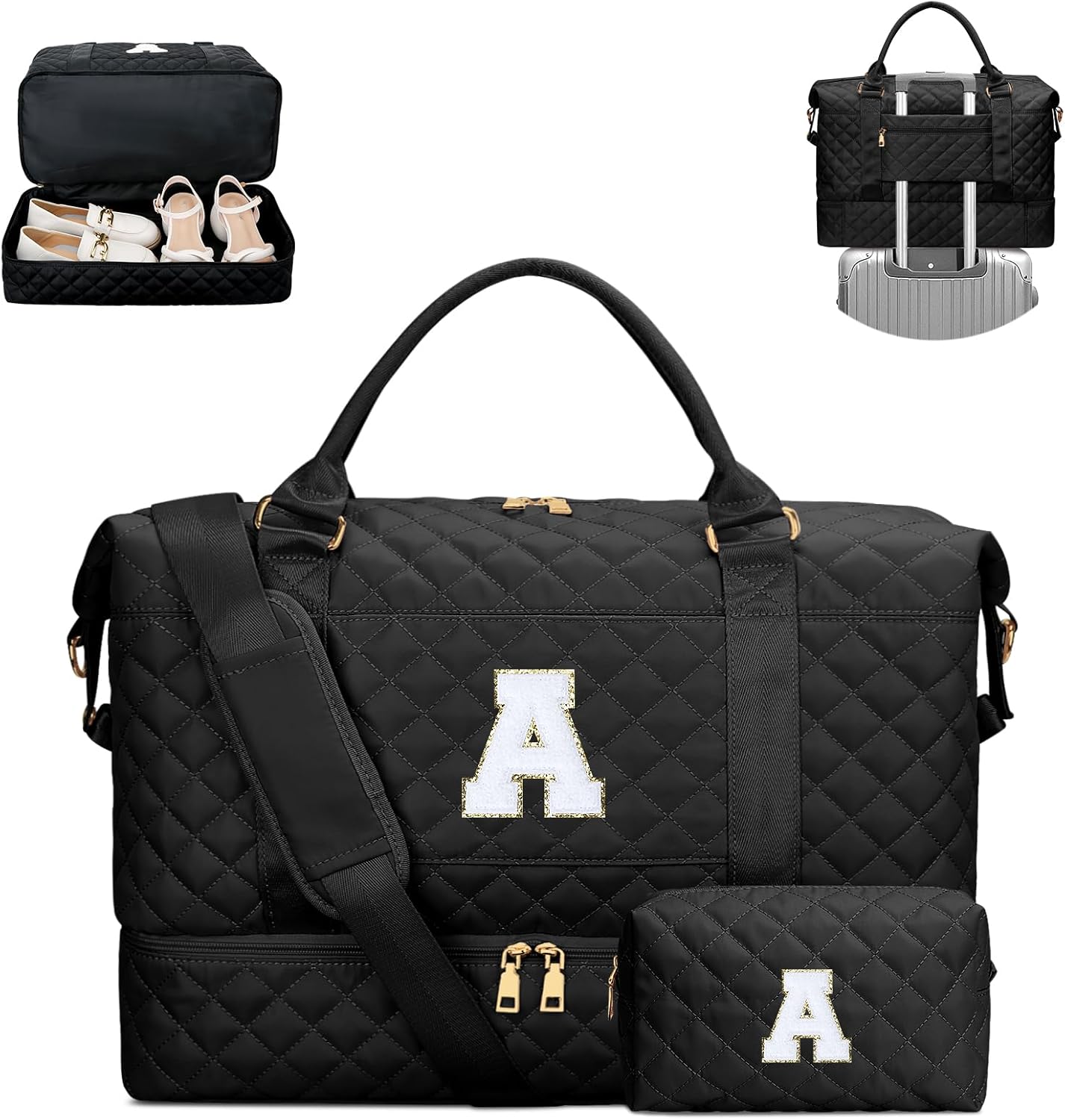 Gifts for Women Girls Initial Travel Duffle Bag Quilted Weekender Carry-On Overnight with Cosmetic