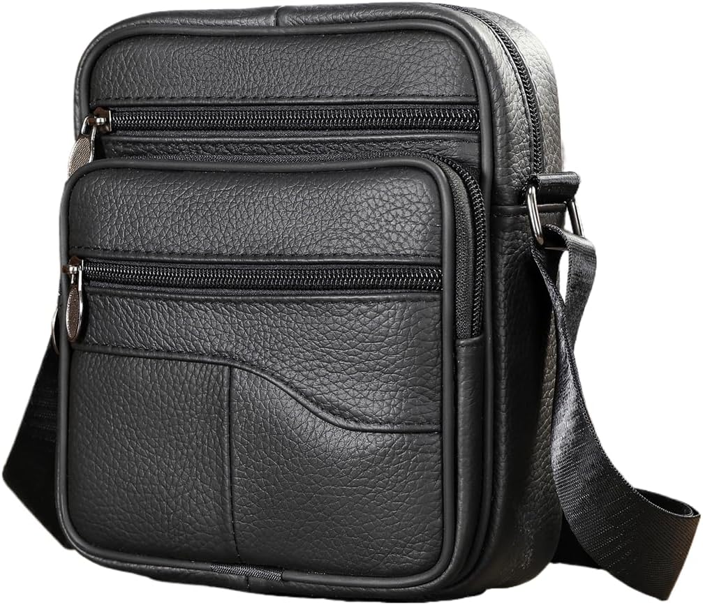 Men's Genuine Leather Crossbody Sling Bag, Small Chest Shoulder Messenger Bag with Adjustable Strap