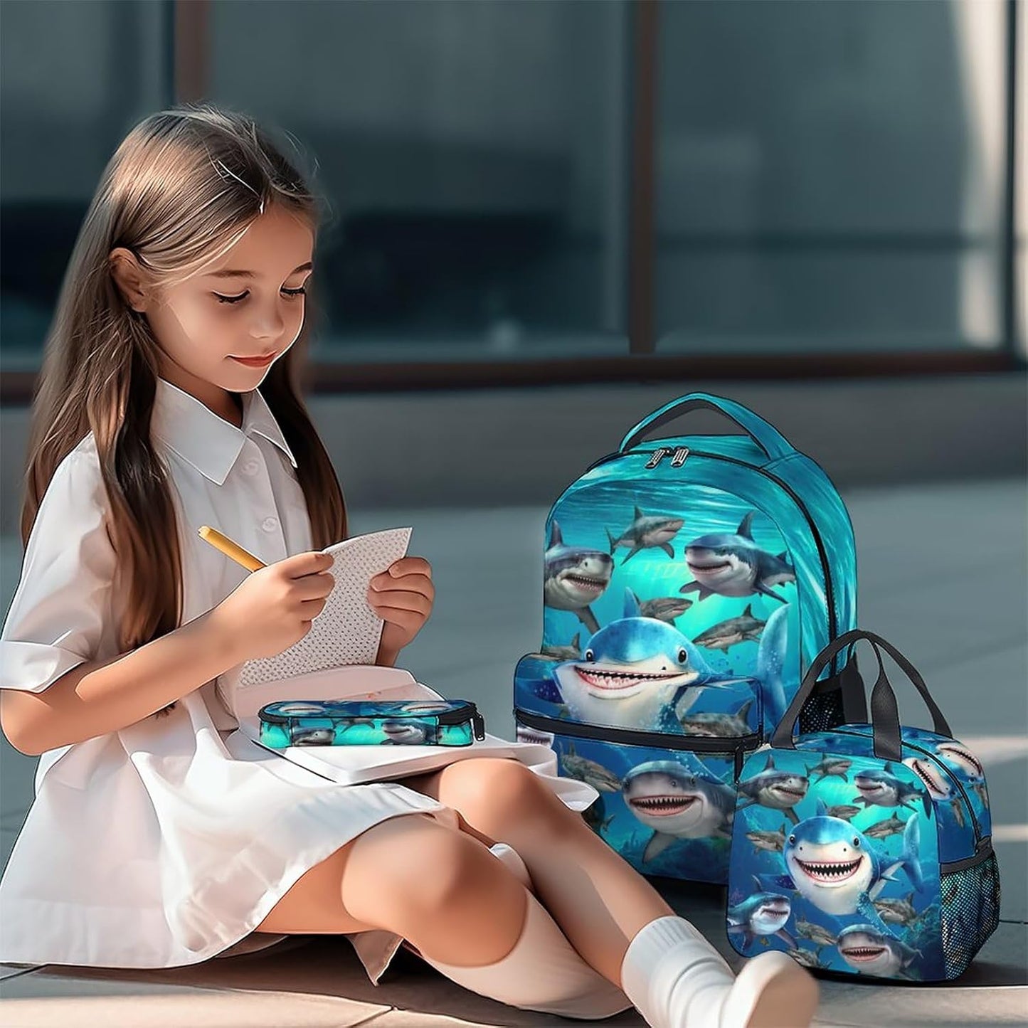 Shark Backpack with Lunch Box, Set of 3 School Backpacks Matching Combo, Cute Blue Bookbag and Pencil Case Bundle