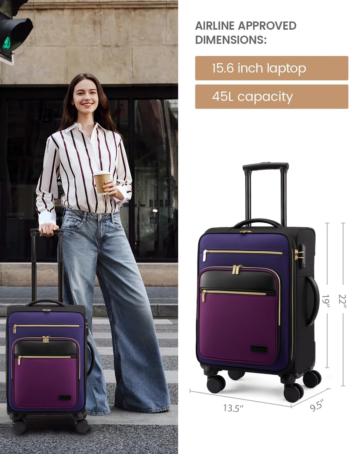 LOVEVOOK Carry on Suitcase 22x14x9 Airline Approved,20 inch Lightweight Waterproof Suitcases with 360° silent swivel wheels, TSA Lock and Compartment, travel Suitcase Black-violet-indigo-Purple