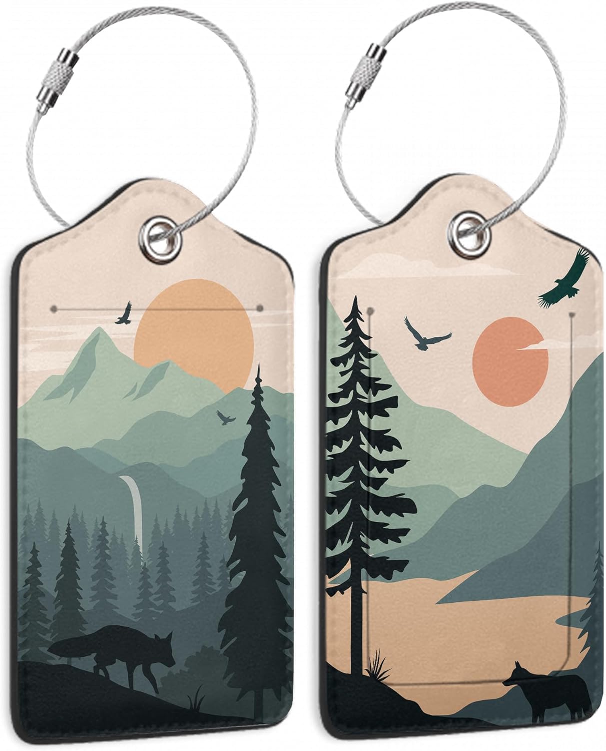 2 Pack Luggage Tags with Landscape with Mountain Tree Fox for Suitcases, Mountain Wild Animals PU Leather Luggage Tag Accessories Privacy Cover ID Label with Stainless Steel Loop for Travel Bag