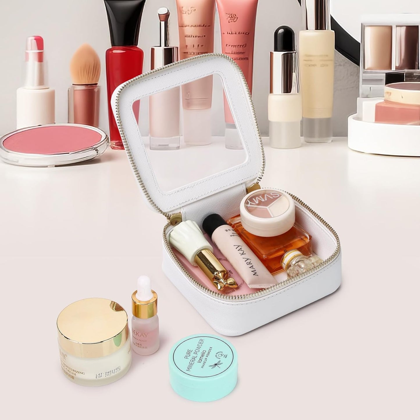 Small Clear Makeup Bag for Women Mini Cosmetic Bag Travel Toiletry Bag Purse Organizer with Zipper Car Essentials (White, Mini)