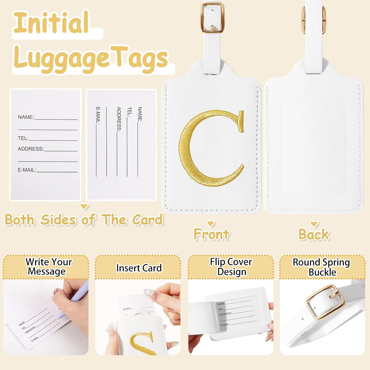 Initial Luggage Tags for Suitcases, Cute Embroidered Letter Luggage Bag Suitcase Identifier Name Baggage Tag, PU Leather Travel Luggage Tags, Bag Tags for Men Women Kids Luggage Handbags(White C)