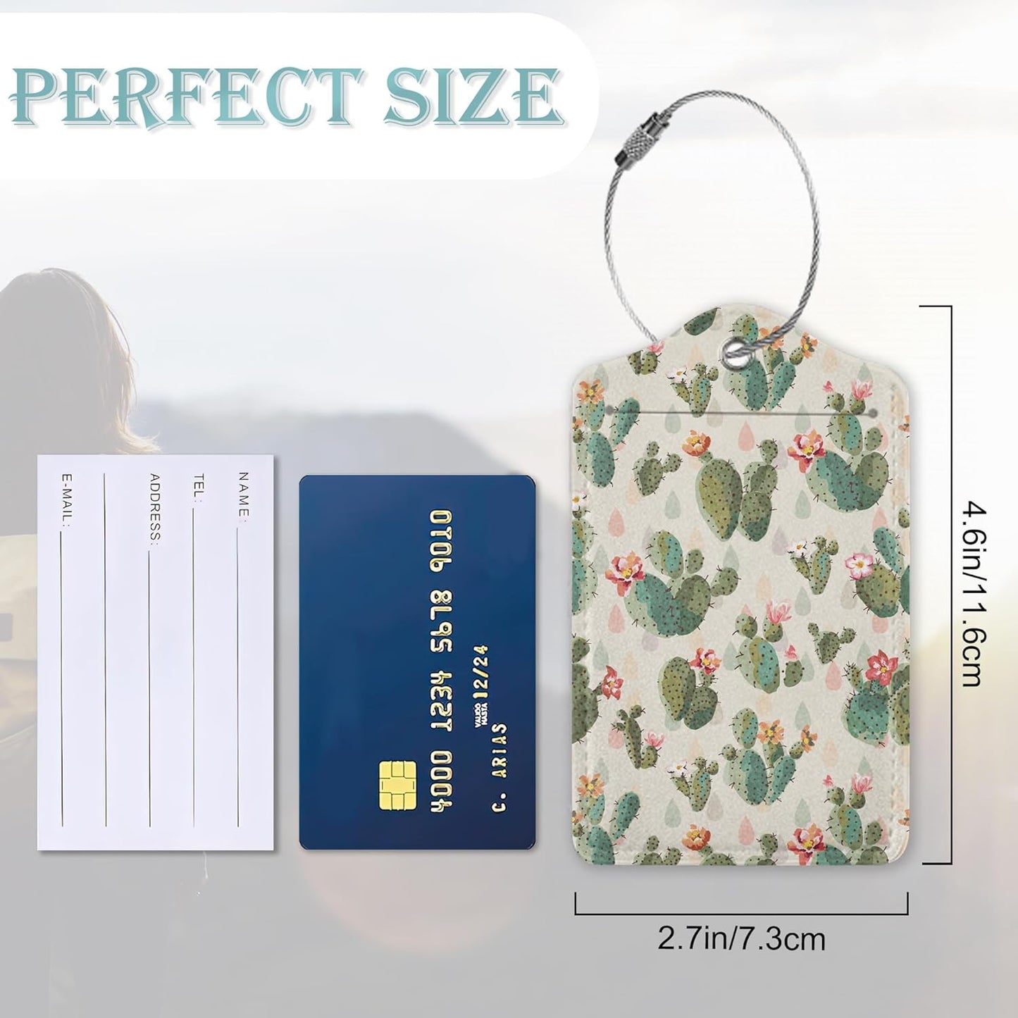 Cactus Luggage Tag,Cute Green Cactus Print Luggage Tags of Set 2 Leather Identifiers Privacy Cover with Stainless Steel Loop for Women Men Travel Bag Suitcase