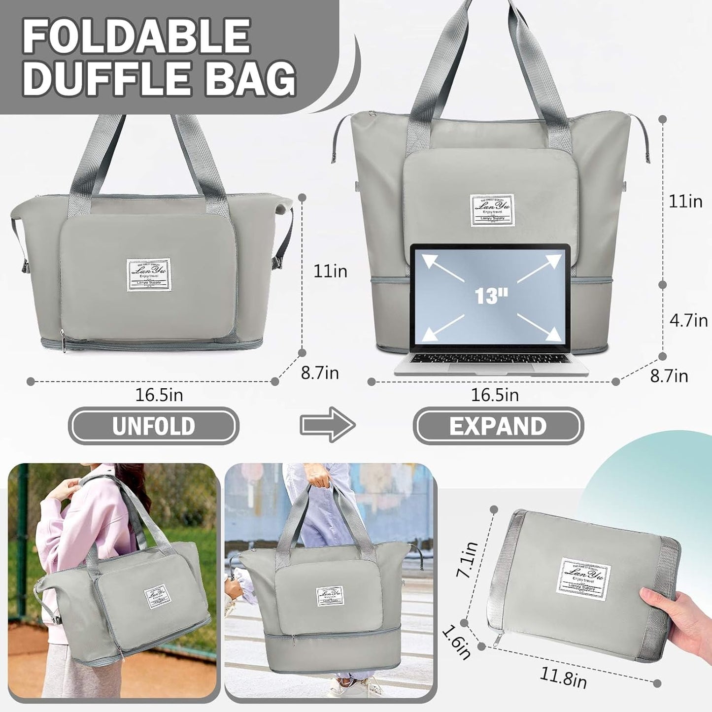 Ranslen Large Capacity Folding Travel Bag,Expansion Travel Duffel Bag with Dry and Wet Separation Portable Travel Duffel Bag