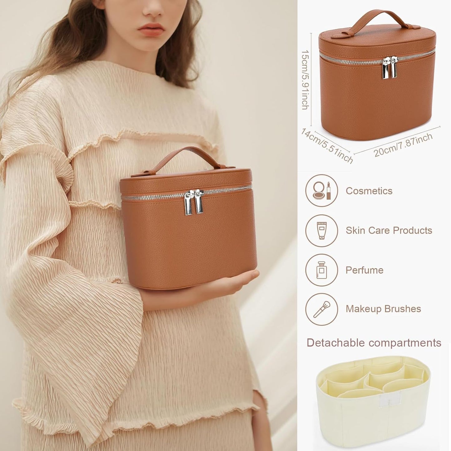 Leather Make Up Bags With Compartments, Brown travel Cosmetic Bags for Women, Parallel Makeup Travel Bags Organizer Equipped With a Detachable Divider (Beige)