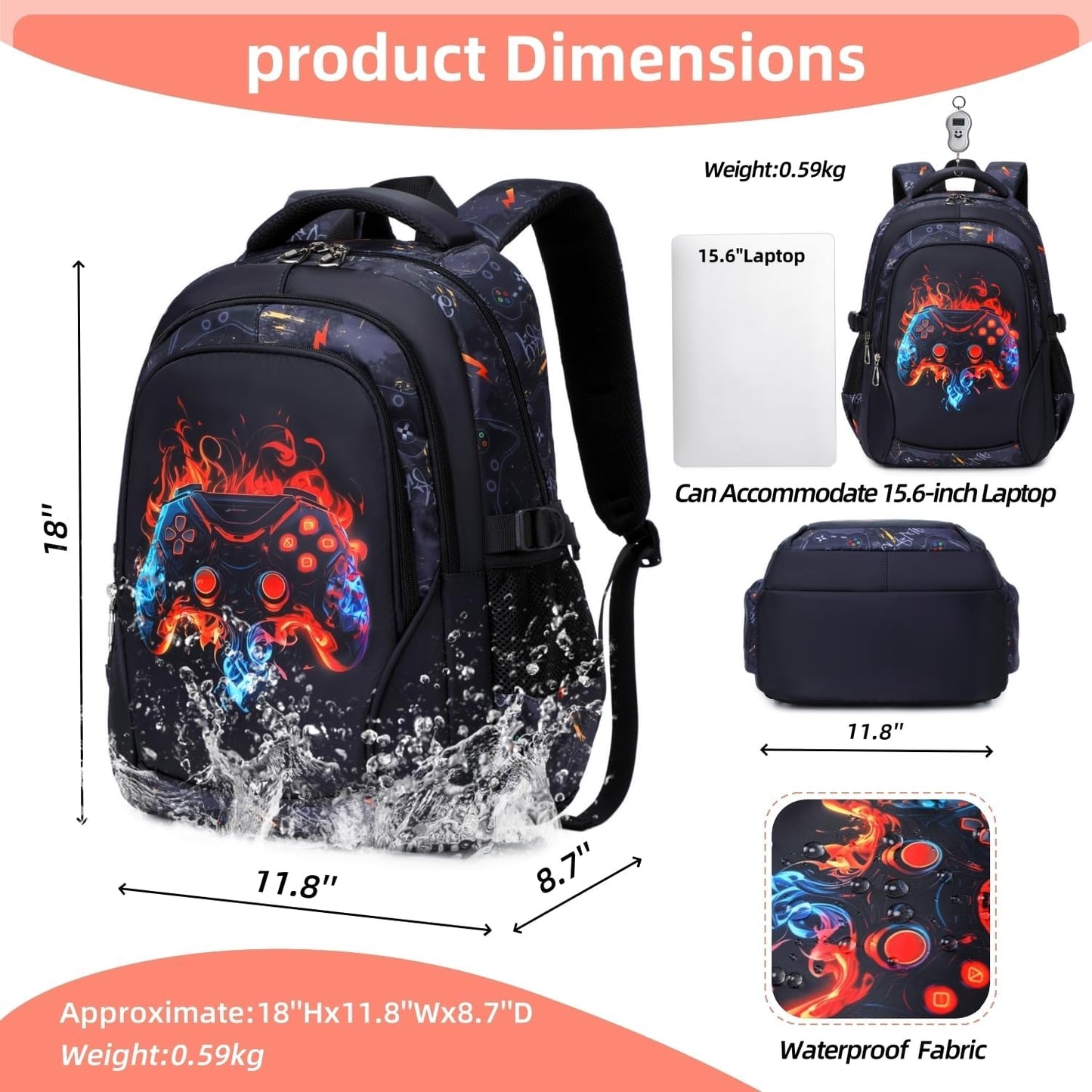 Boys Backpack Elementary School Bookbag Waterproof Durable Sturdy Kids Schoolbag Casual Travel Daypack(1-Black-game)