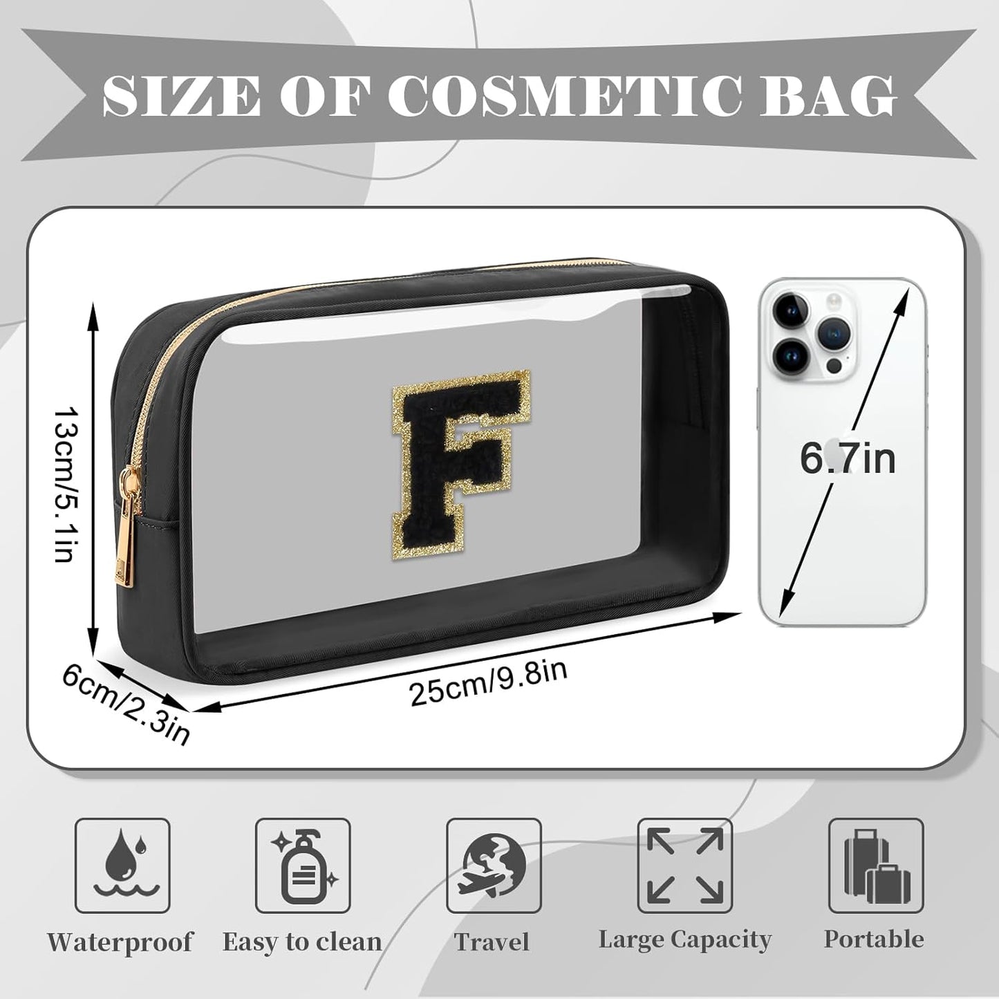 Personalized Initial Letter Clear Makeup Bag,Preppy Small Nylon&PVC Cosmetic Zipper Bag with Chenille Letter,Travel Skincare Toiletry Bag,Monogram Christmas Gift for Teen Girls Women,F