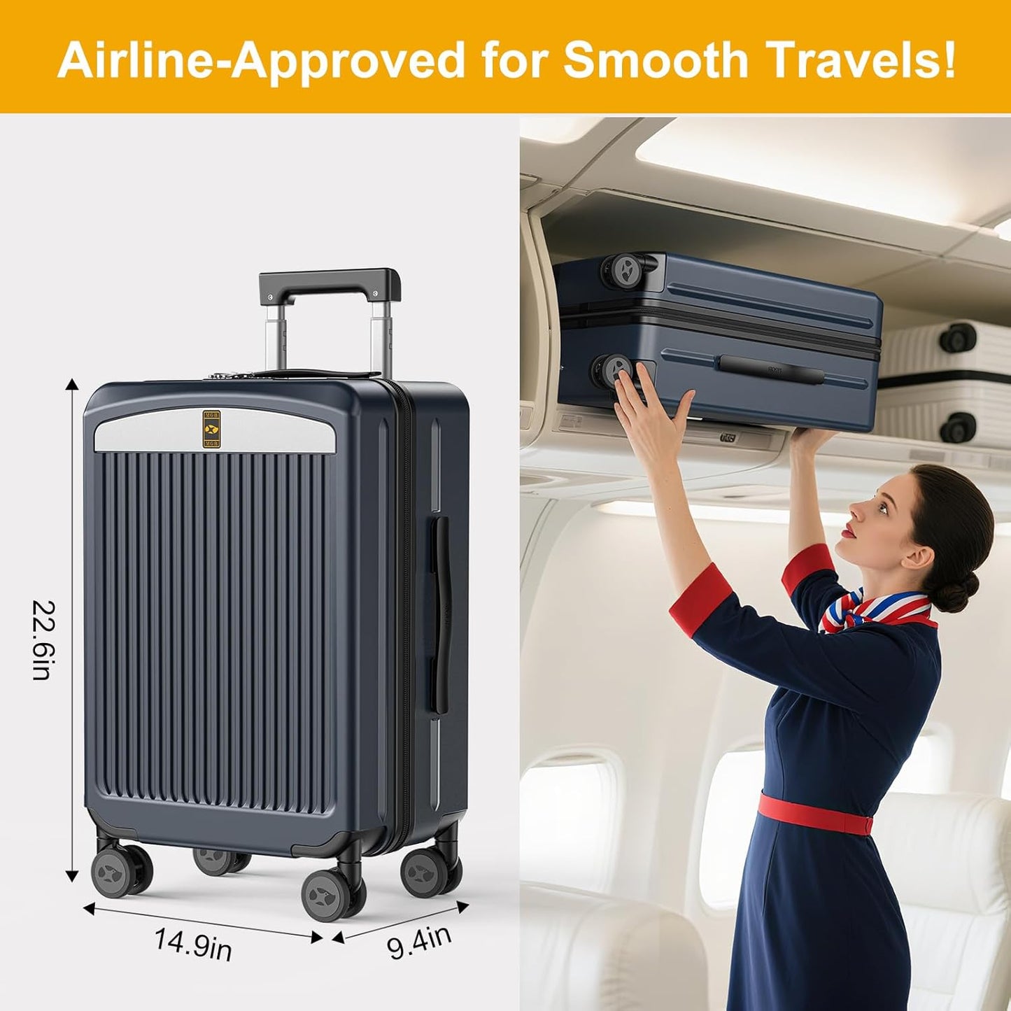 MGB Carry on Luggage 22 X 14 X 9 Airline Approved Suitcase with Wheels,20 Inch Travel Suitcase Lightweight with Spinner wheels And Hard Luggage Airline Approved with TSA Lock Carry on