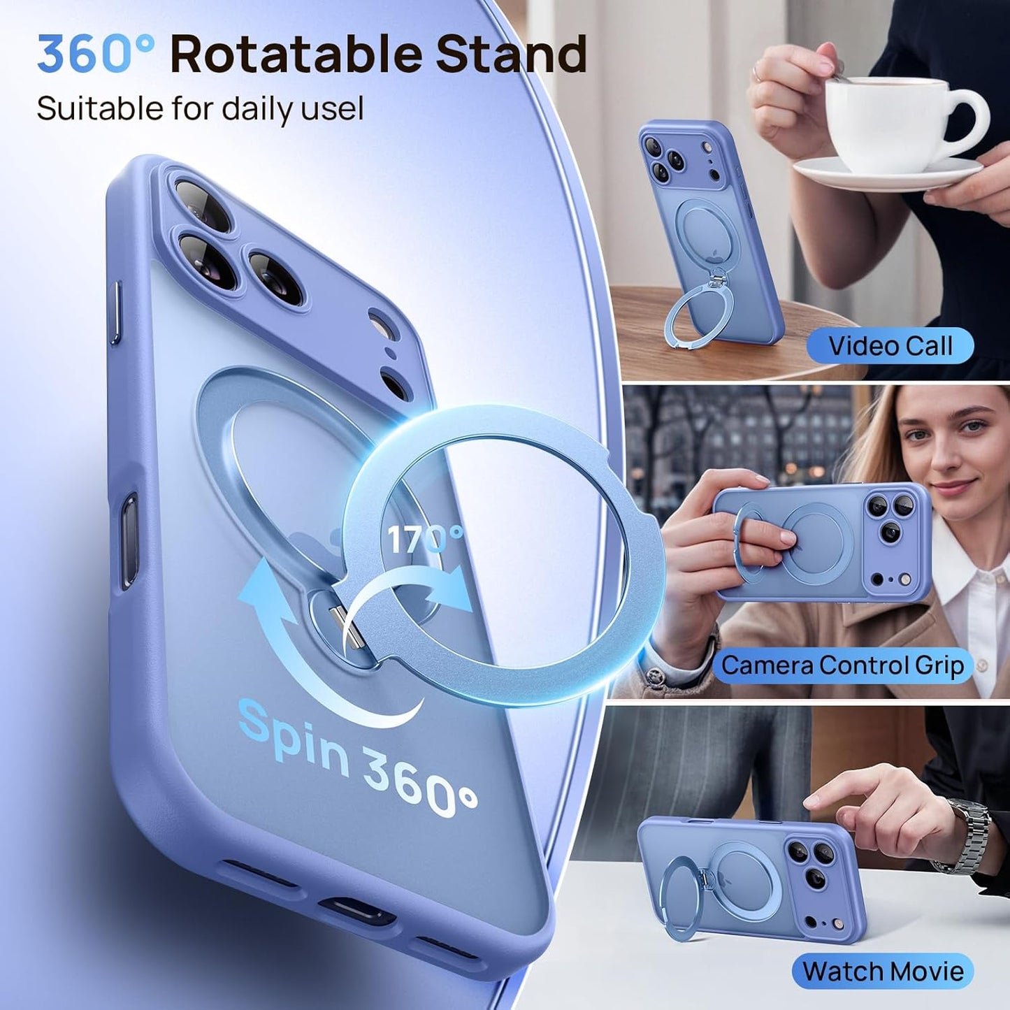 360° Spin Magnetic Stand for iPhone 17 Pro Case, [Fit for MagSafe][Military Protection][Full Camera Protection] Adjustable Kickstand iPhone Case for iPhone 17 Pro 6.3", Blue