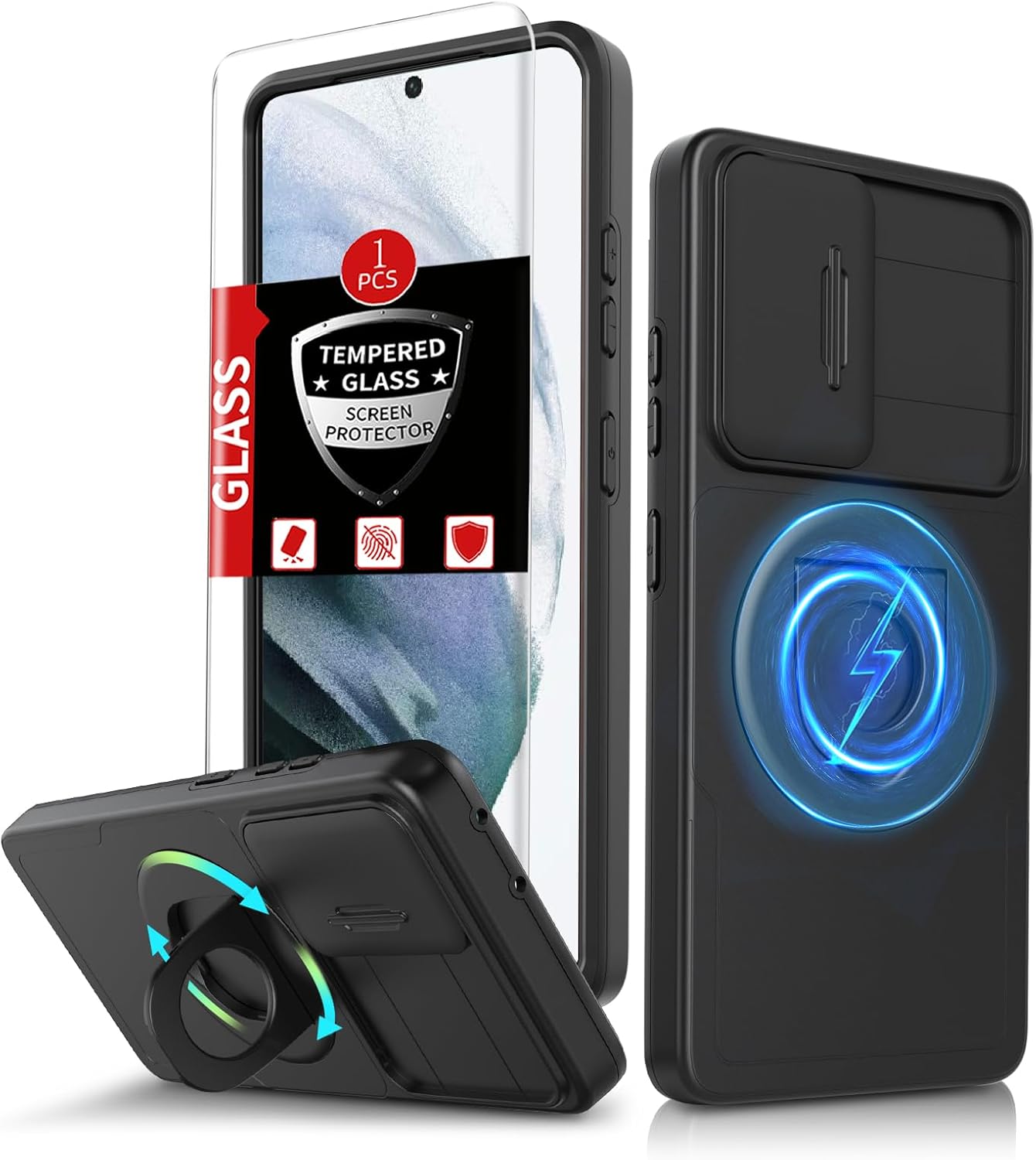 for Samsung Galaxy S21 Plus Case Magnetic Compatible with MagSafe Wireless Charging,with Screen Protector,for S21+Plus Case with Stand Ring+Camera Cover Shockproof Heavy Duty Protection Black